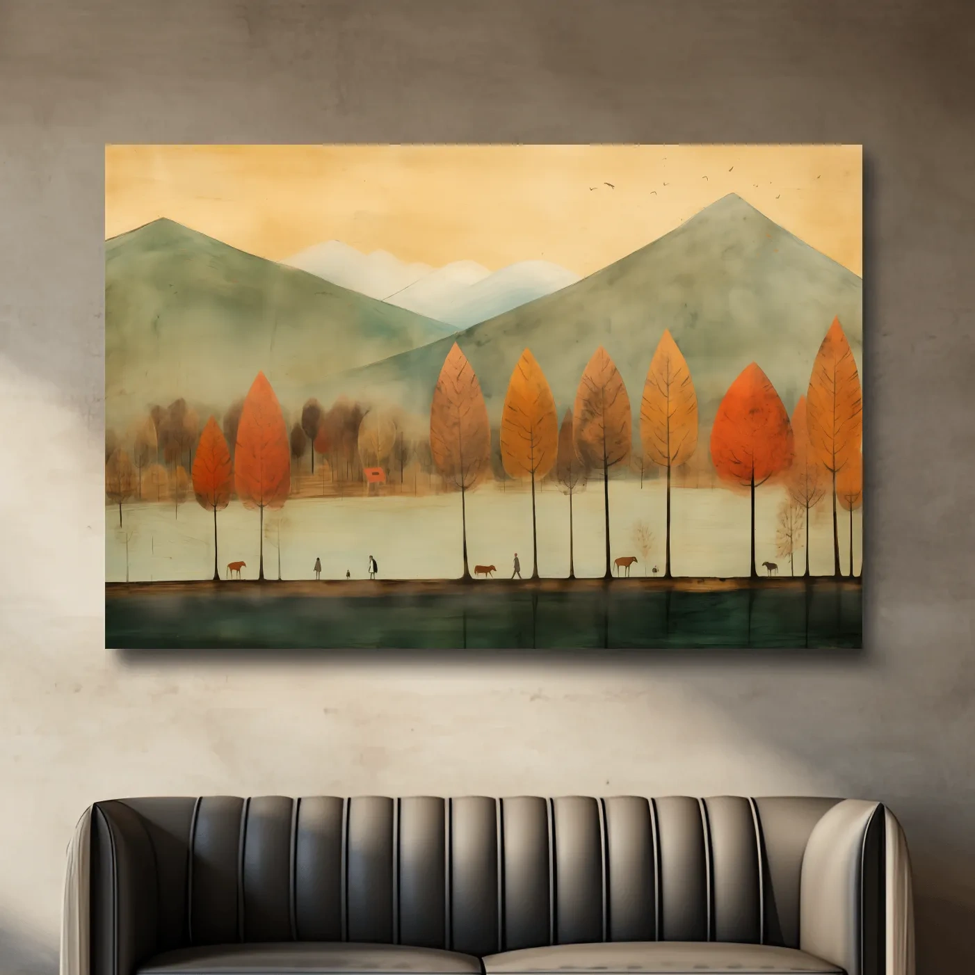 Textured painting of characters on a treelined lake in fall