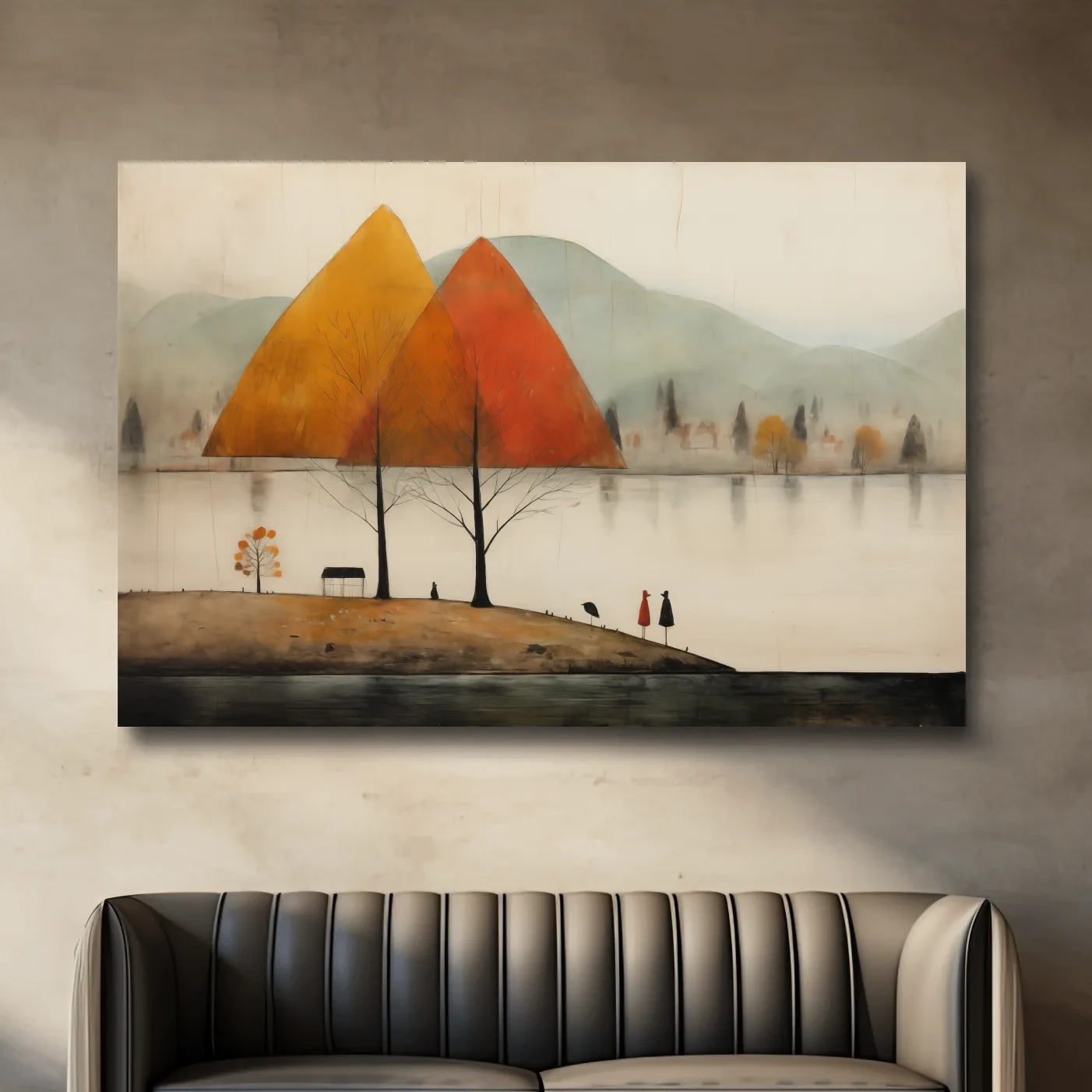 Quirky painting of a lakeside mountain scene in fall