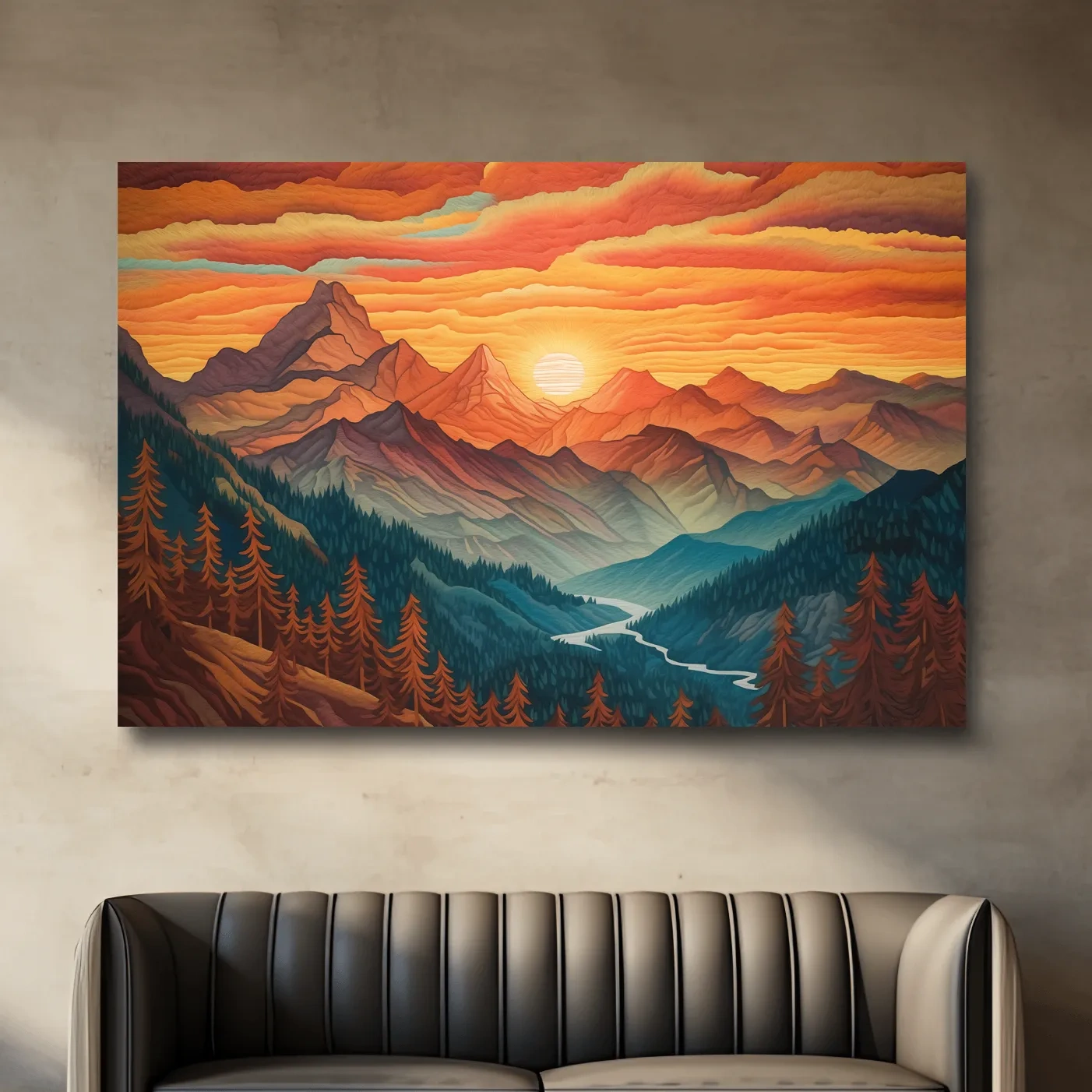 Vibrant Sunset Mountain Range Illustration - Layered Alpine Landscape Wall Art