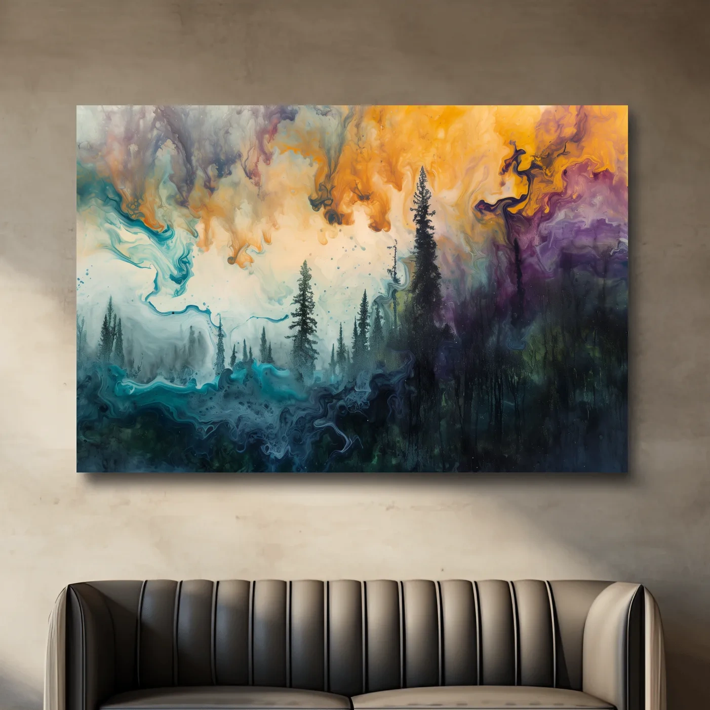 Abstract foggy forest painting, swirling colors and smoke