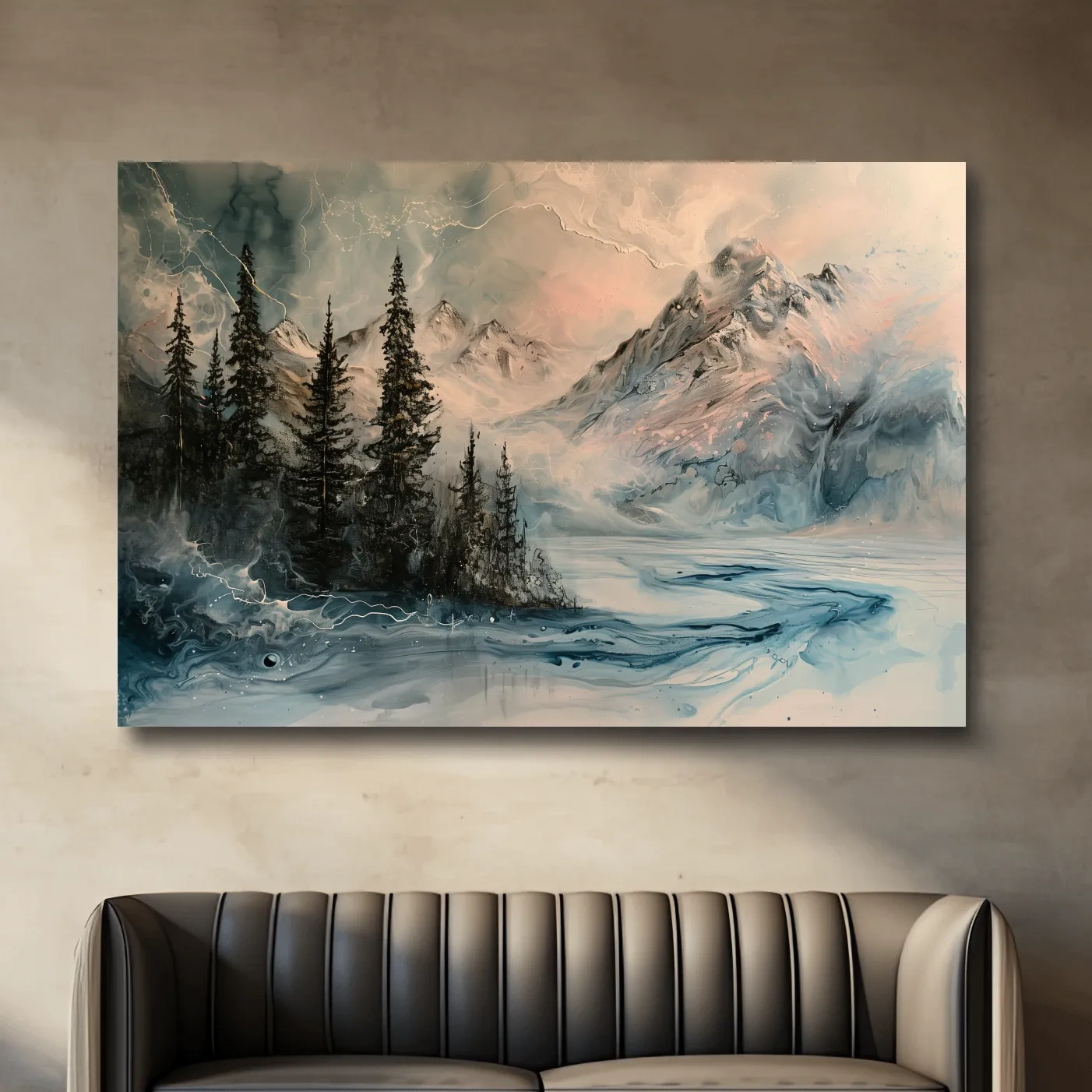 Abstract mountain painting artwork, treelined lake beneath a glacier