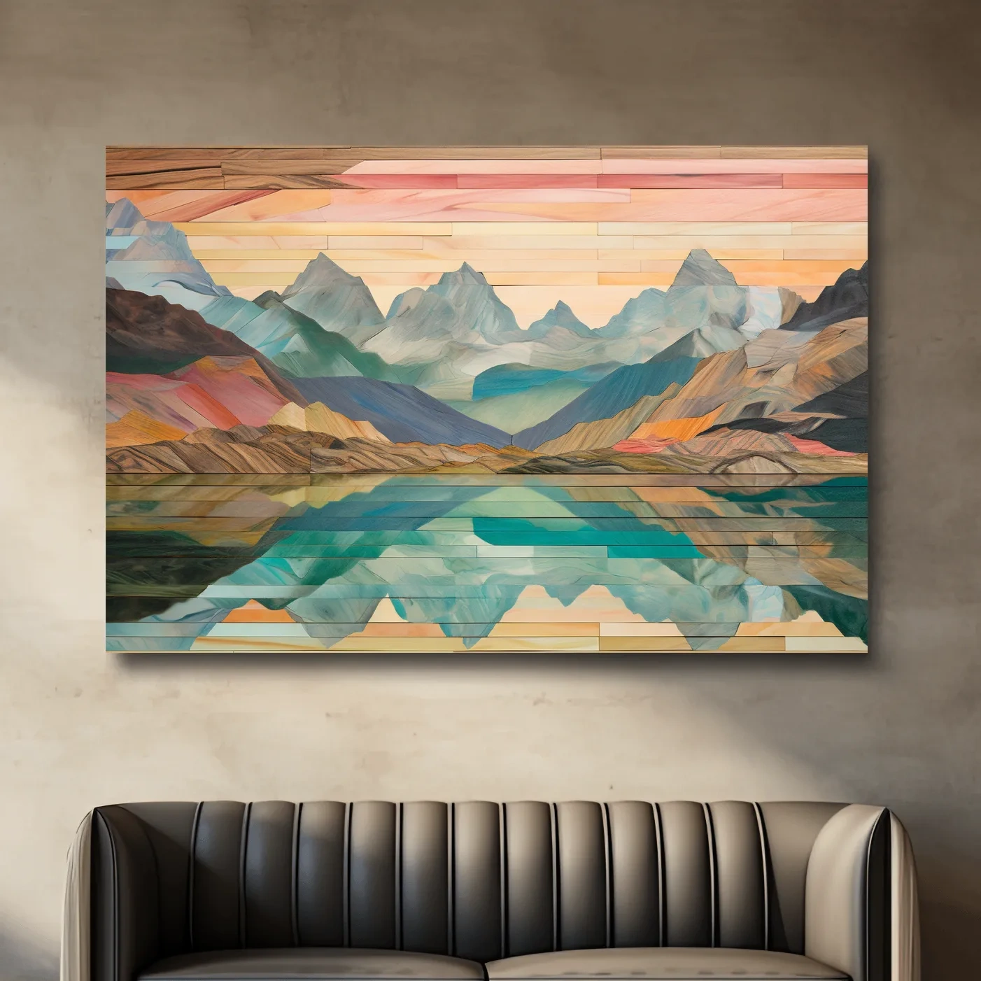 Wooden panel style alpine lake and mountain artwork