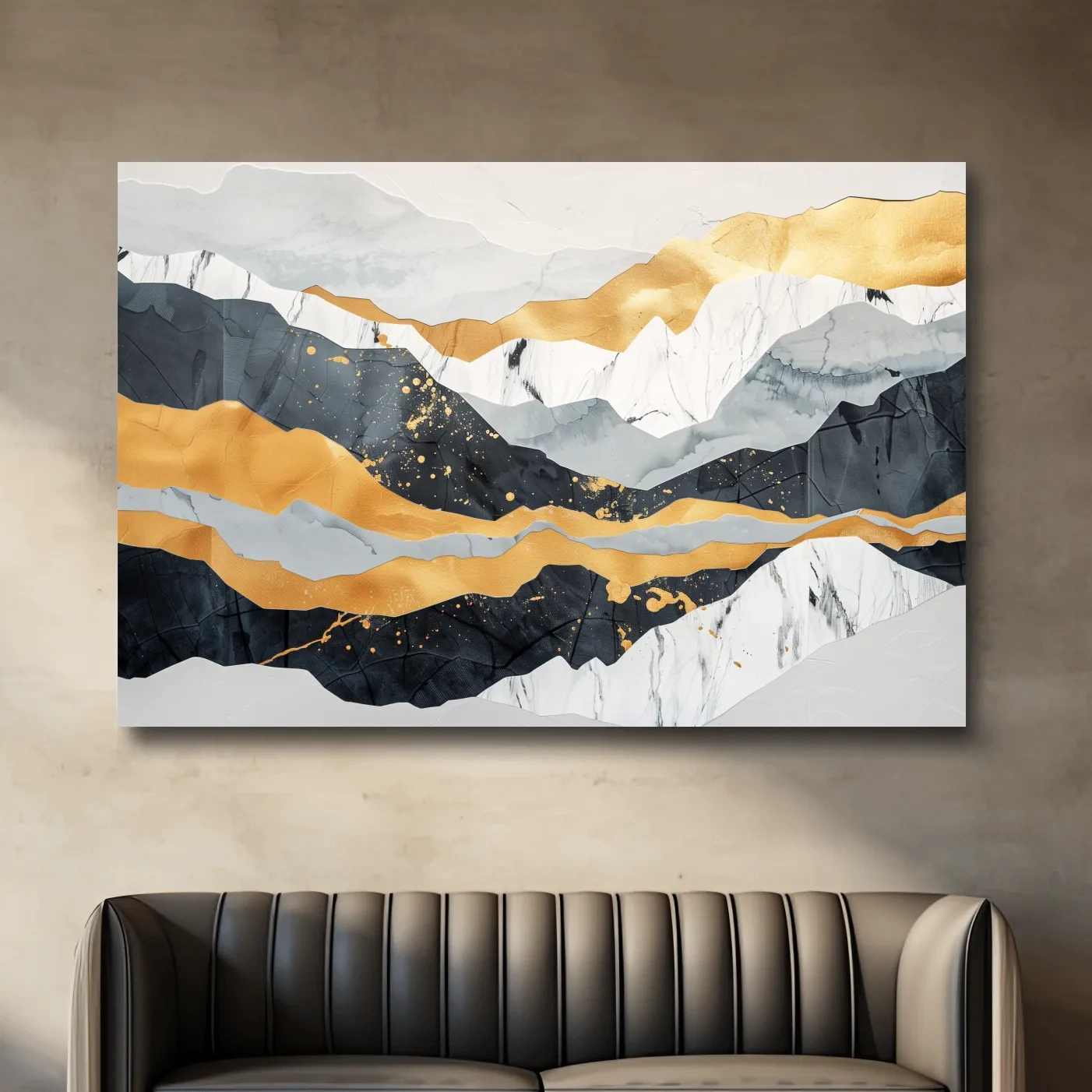 Abstract layered mixed media artwork, elegant mountain ridgelines, large format wall art