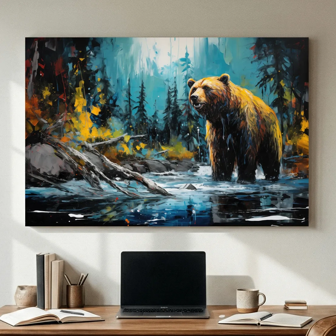 Grizzly Bear Forest River Painting - Vibrant Wildlife Nature Wall Art