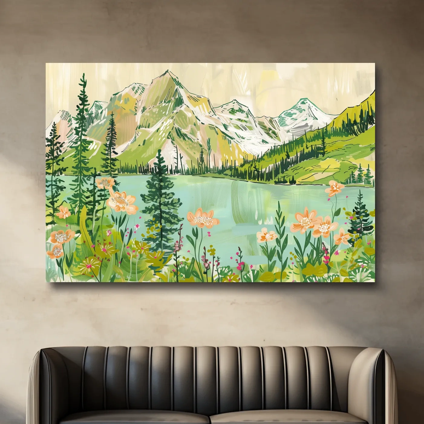 Alpine lake and mountains artwork, stylized painting style