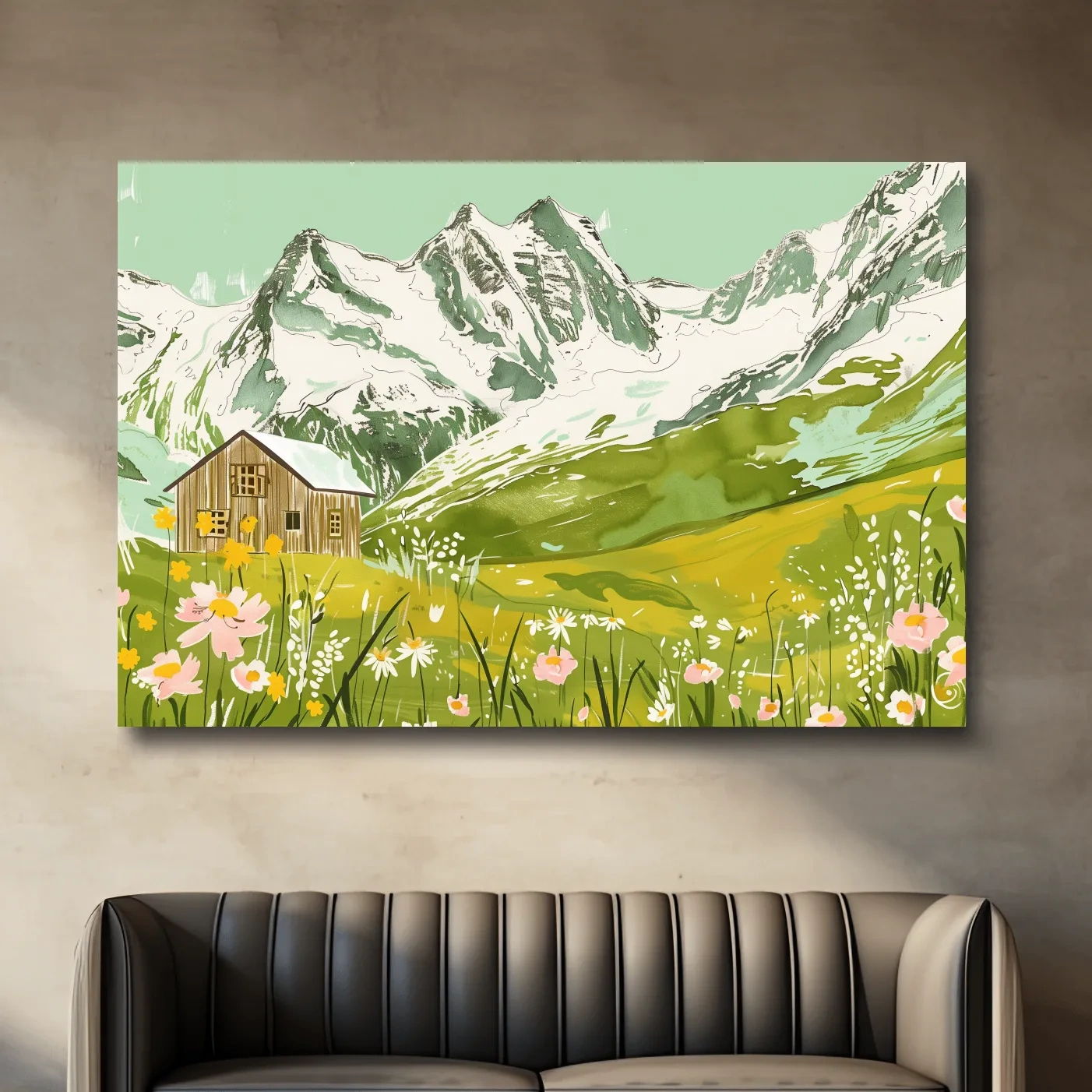 Alpine cabin artwork, flowers and glacier, stylized sketch painting style
