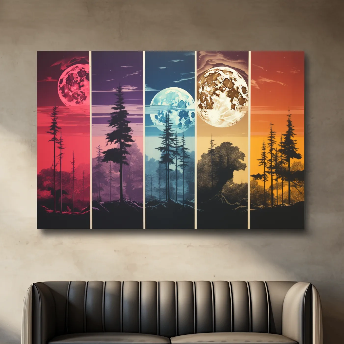 Multipanel colorful treeline under the moonlit sky, risograph style artwork