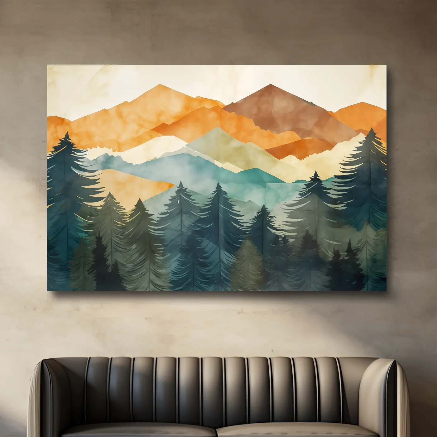 Abstract watercolor painting, mountains and forest