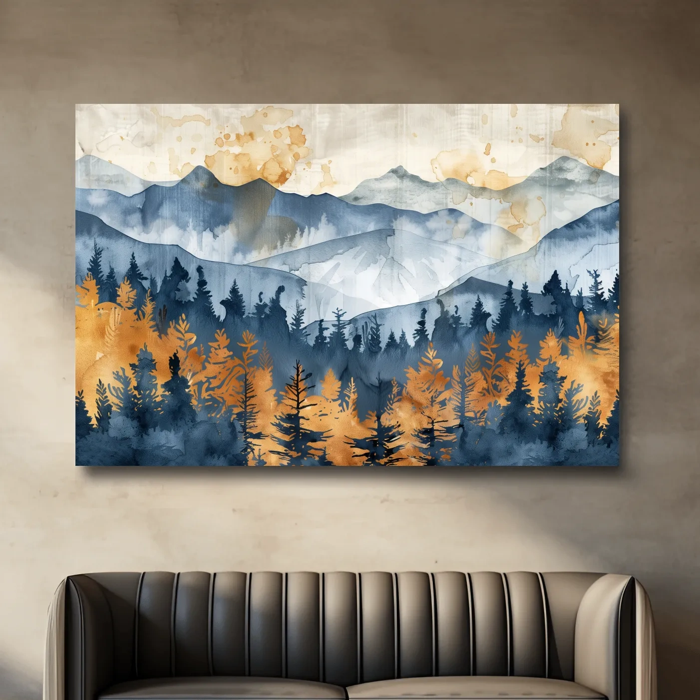Watercolor Mountain Forest Landscape - Abstract Golden Autumn Pines Wall Art