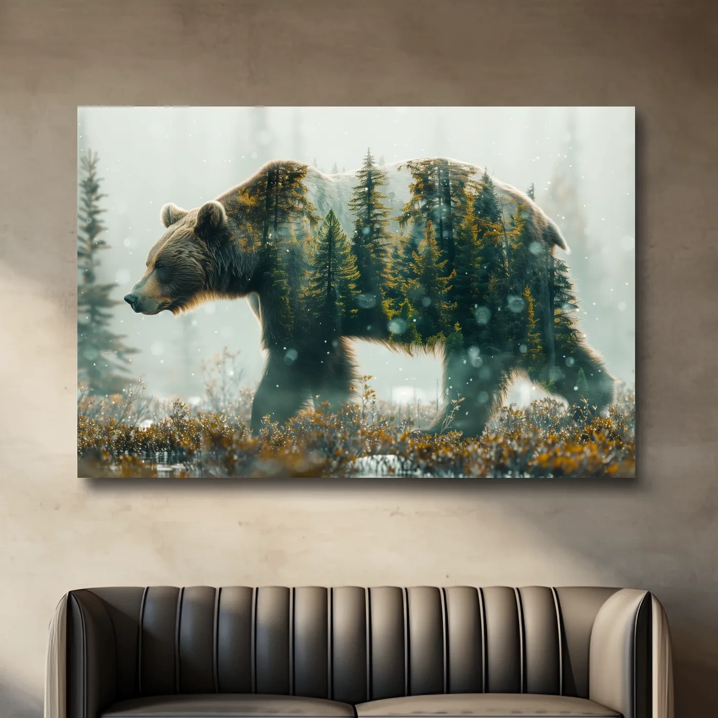 Double exposure photography, grizzly bear in the forest
