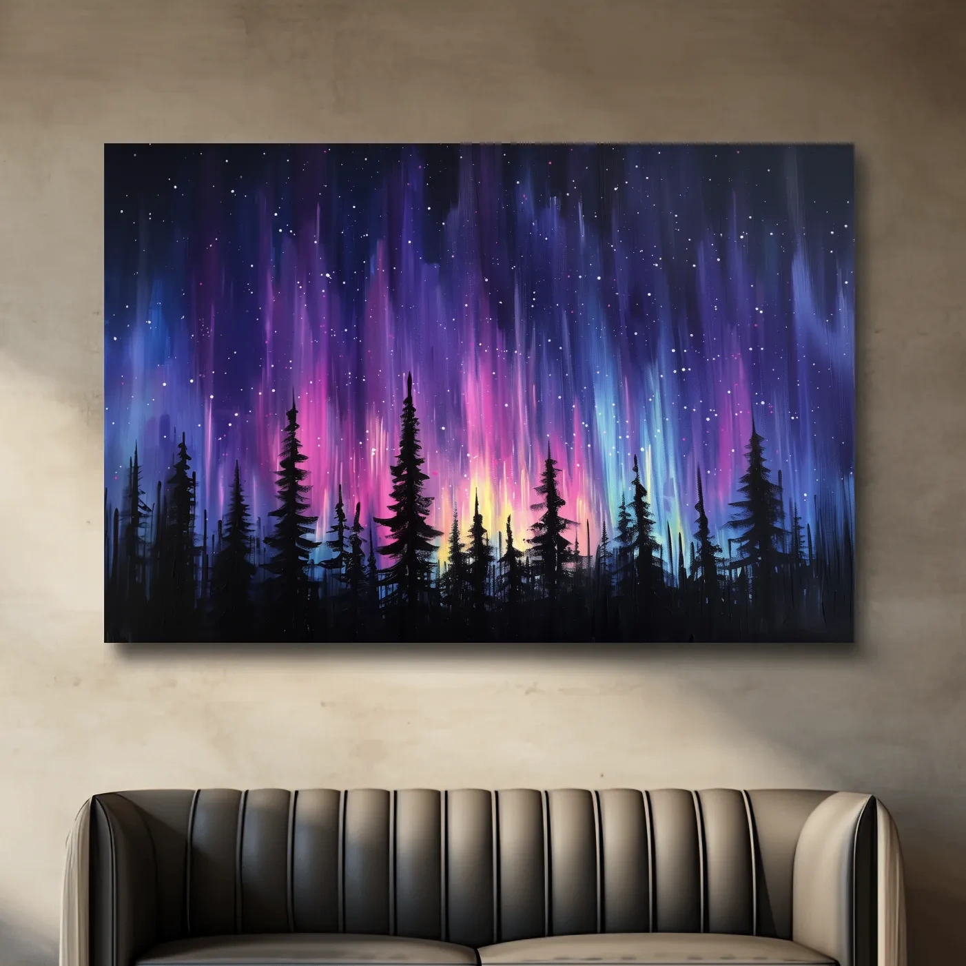 Painting of silhouetted trees against purple and pink northern lights sky