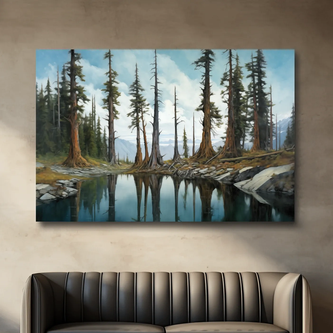 Painting of a line of trees beside a lake and mountains, forest artwork