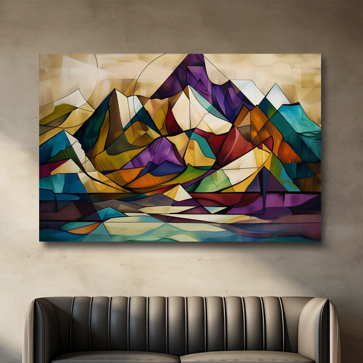 Abstract colorful mountain art, mixed media leadlight style painting