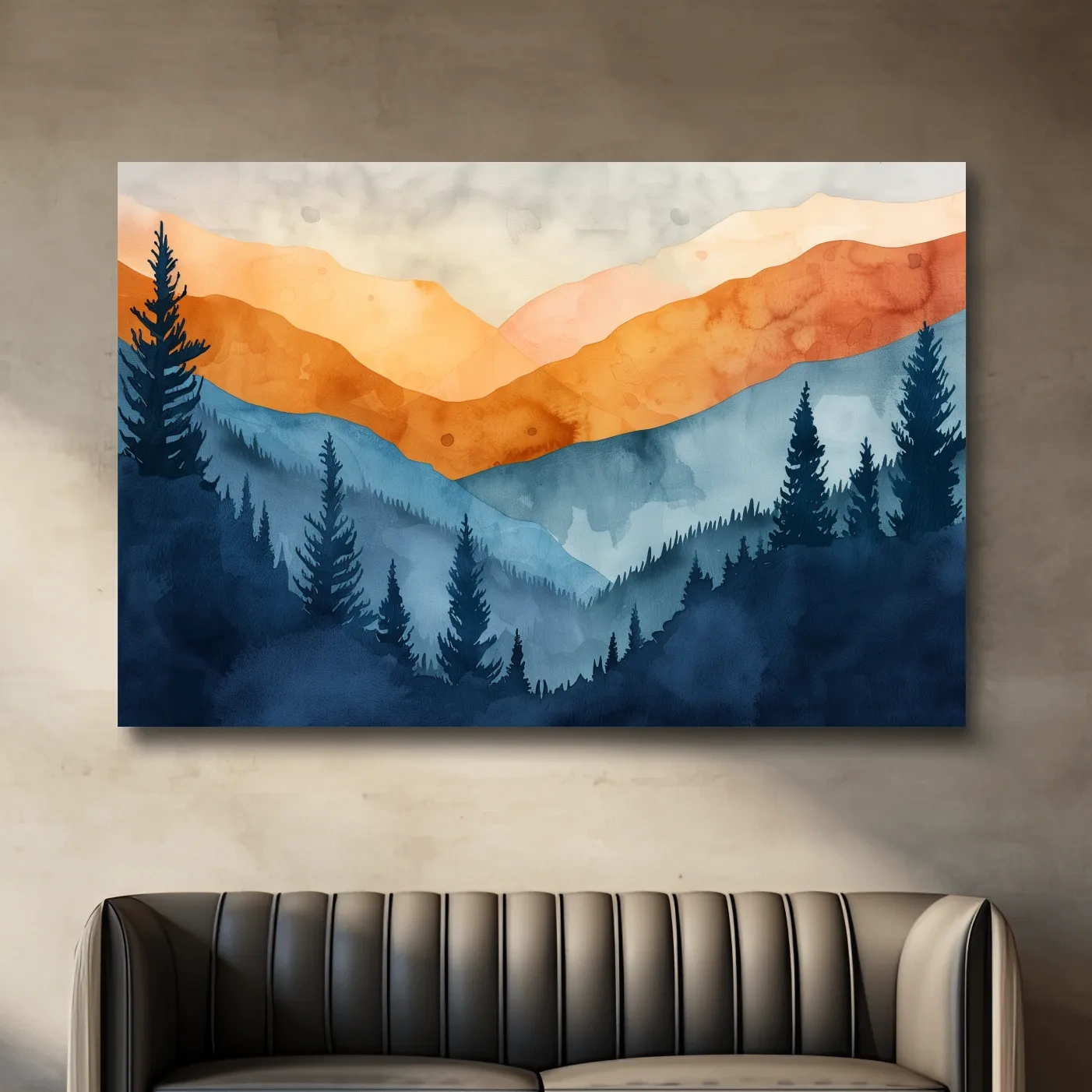 Mountain landscape and forest watercolour painting wall art