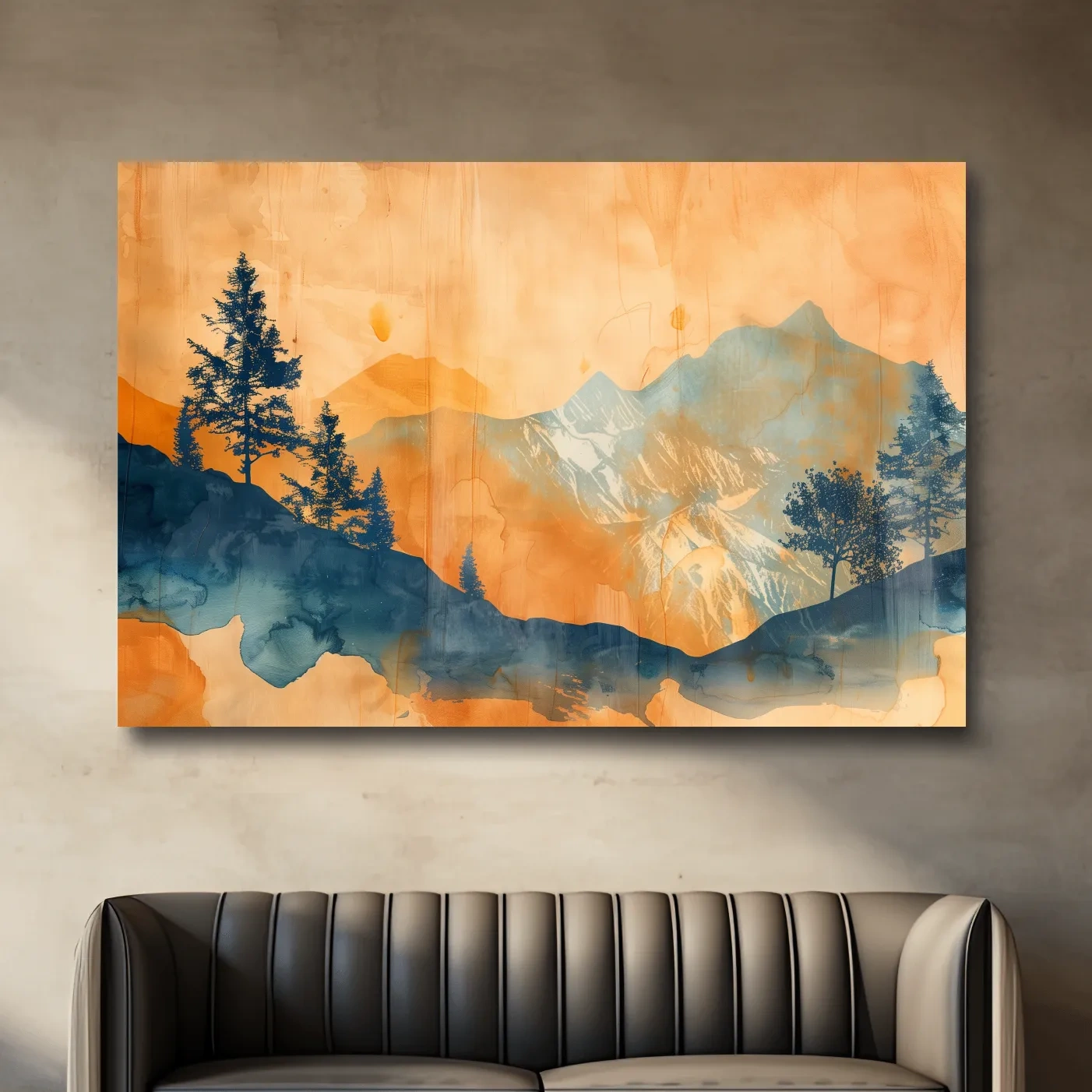 Abstract watercolor painting wall art, trees, mountains and glacier