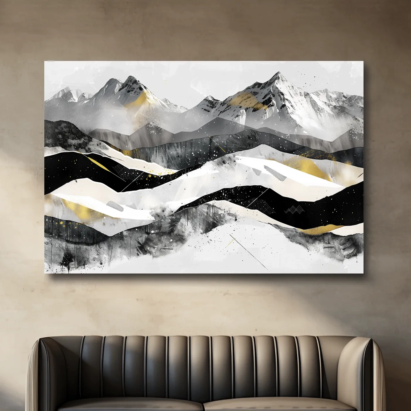 Snow capped mountains, modern black and white abstract artwork