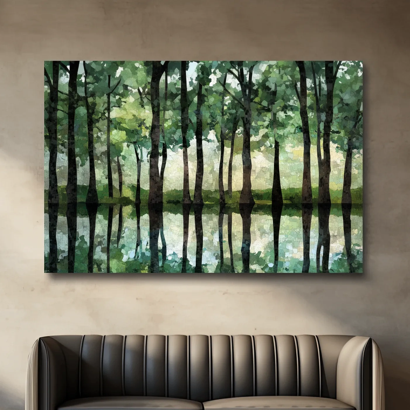 Mosaic Watercolor Forest Lake Reflection - Serene Nature Landscape Wall Art