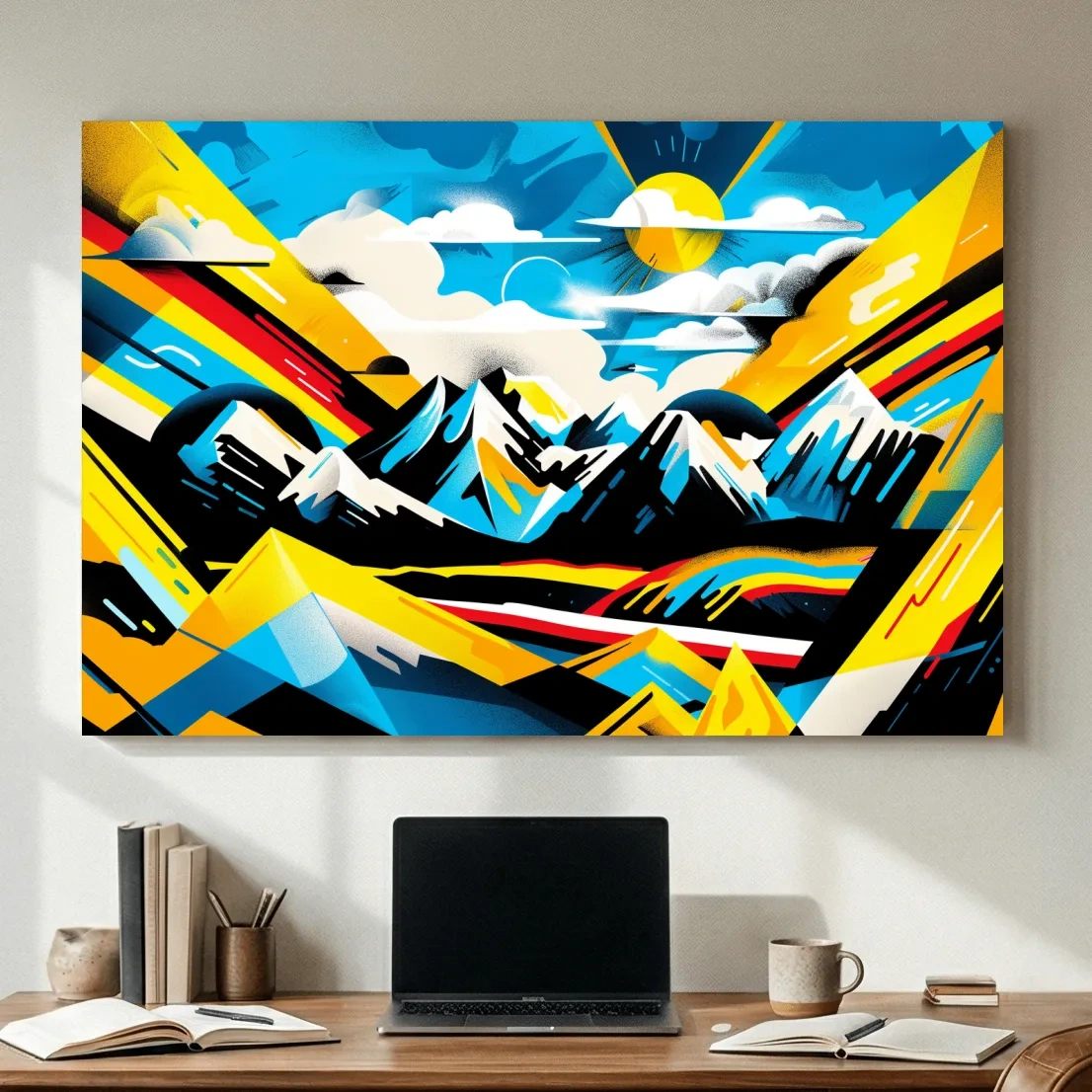 Vibrant Colorful Mountain Sunrise Illustration - Graffiti Style Landscape Wall Art