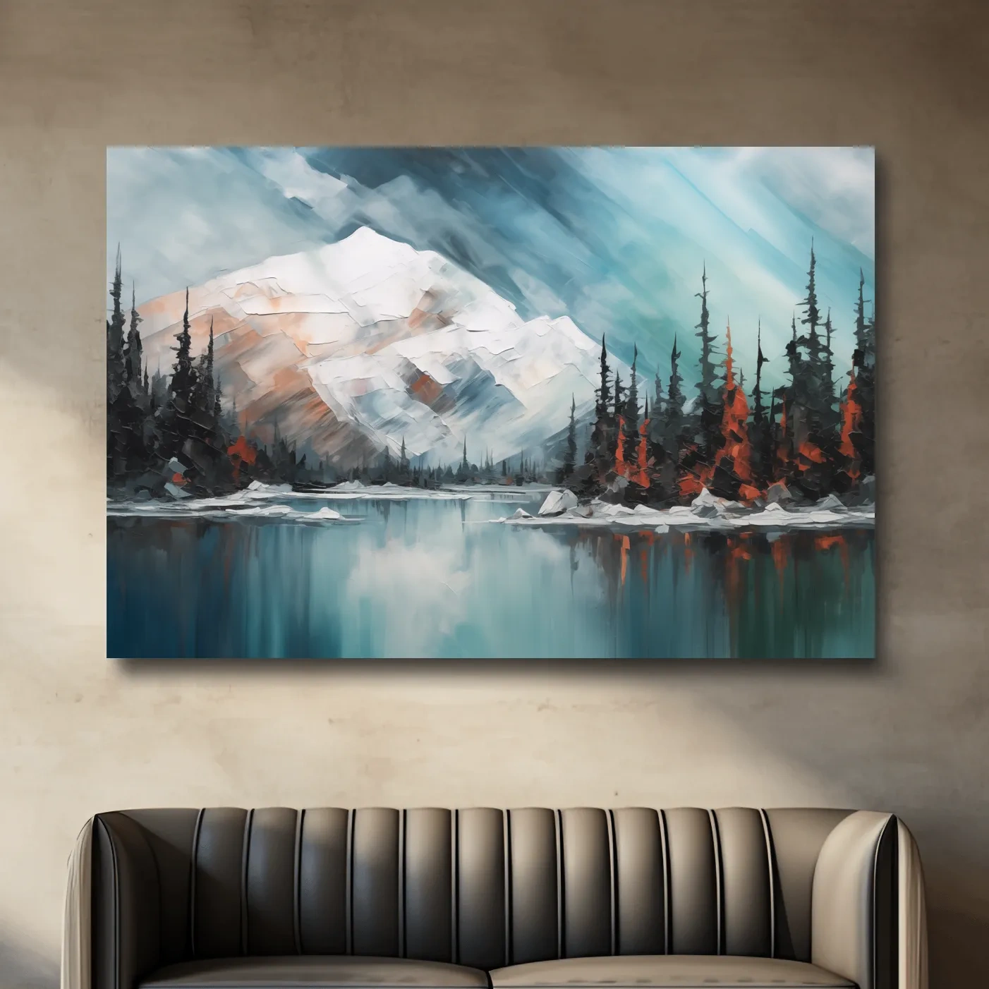 Alpine Glacier Lake Impasto Style Painting - Textured Forest Wall Art