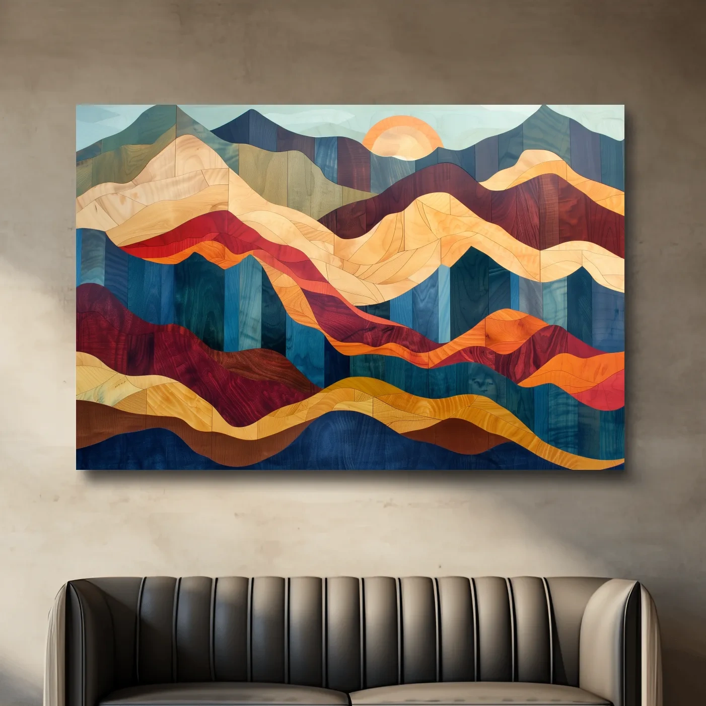 Layered Abstract Mountain Sunset Woodgrain - Mid Century Modern Wall Art