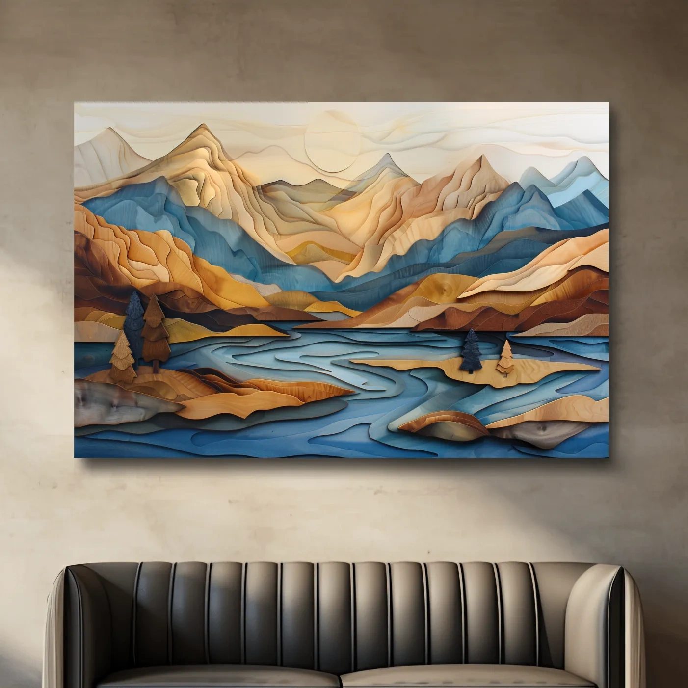 Alpine mountain and lake landscape scene, 3d layered effect wood intarsia style artwork