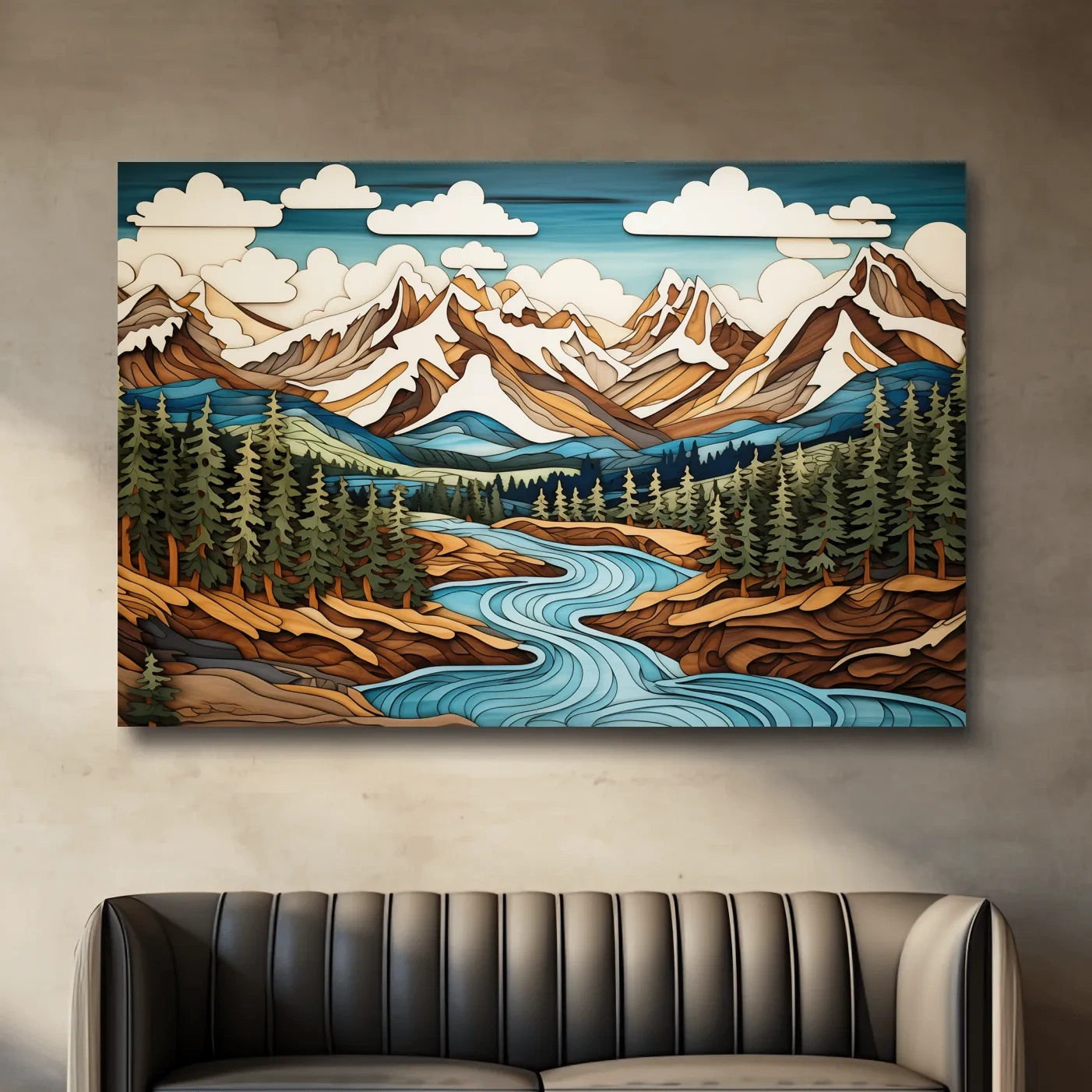 Intarsia Style Mountain River Landscape - Rustic Alpine Forest Artwork