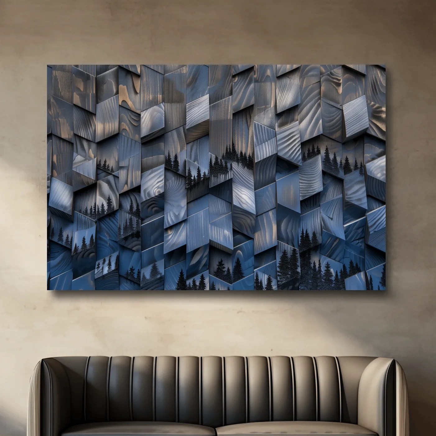 Alpine tree artwork, fragmented geometric wooden cubes pattern, 3d depth effect