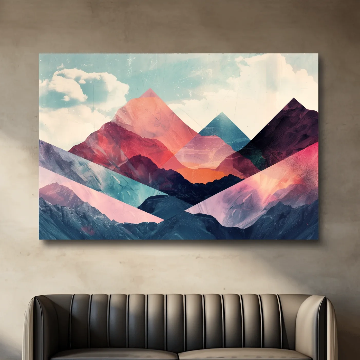 Vibrant colorful mountain wall art, mixed media collage effect