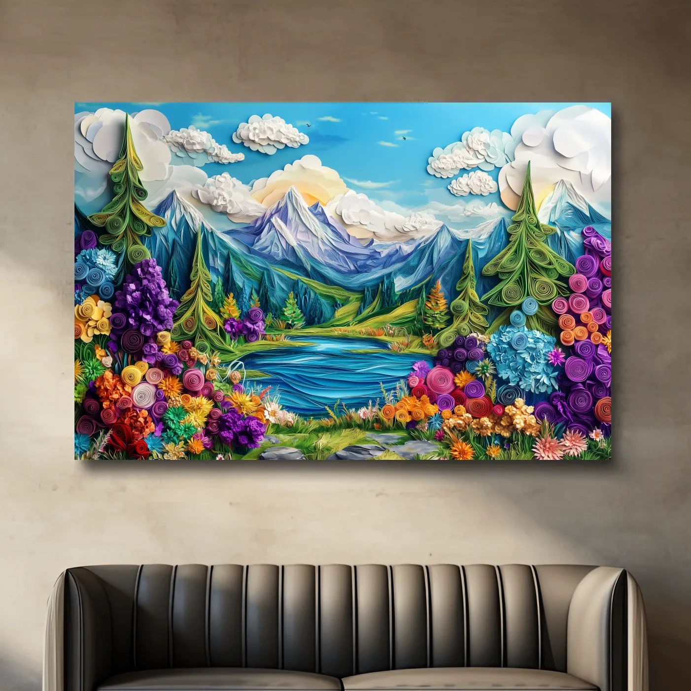 Vibrant alpine meadows artwork, 3D paper quilling effect