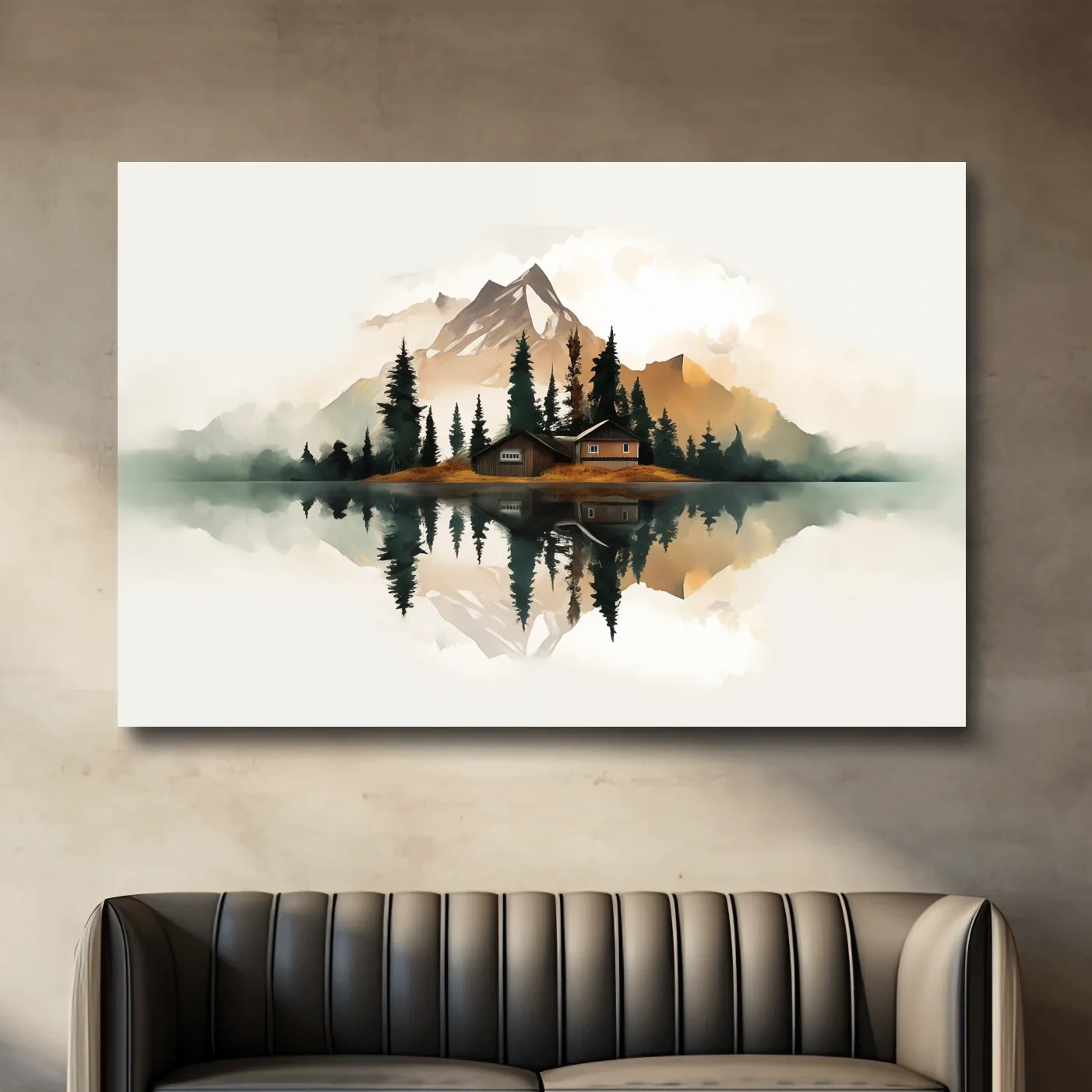 Minimalist art, glacier, lake, cabin, trees