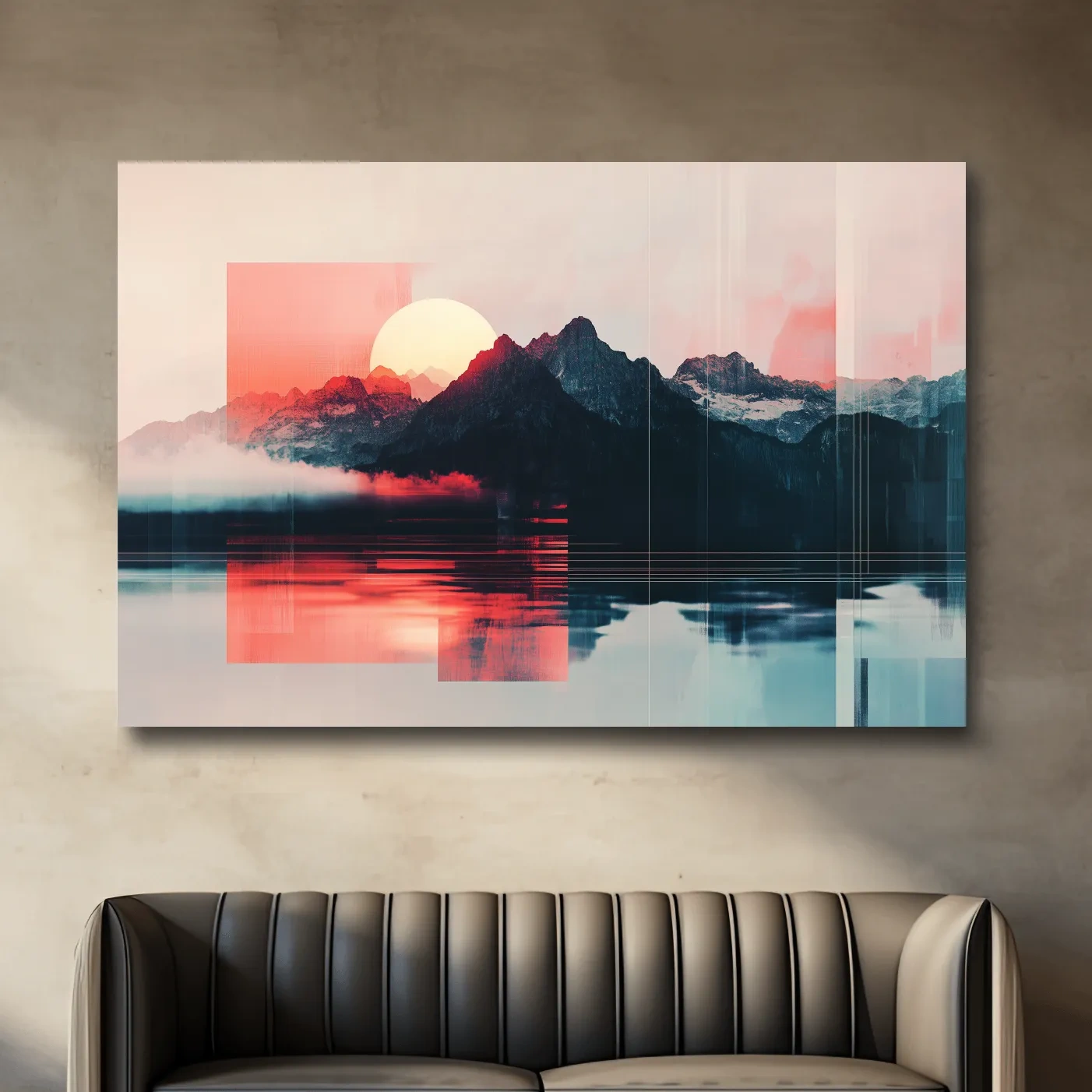 Sunset mountain wall art, glitch art effect