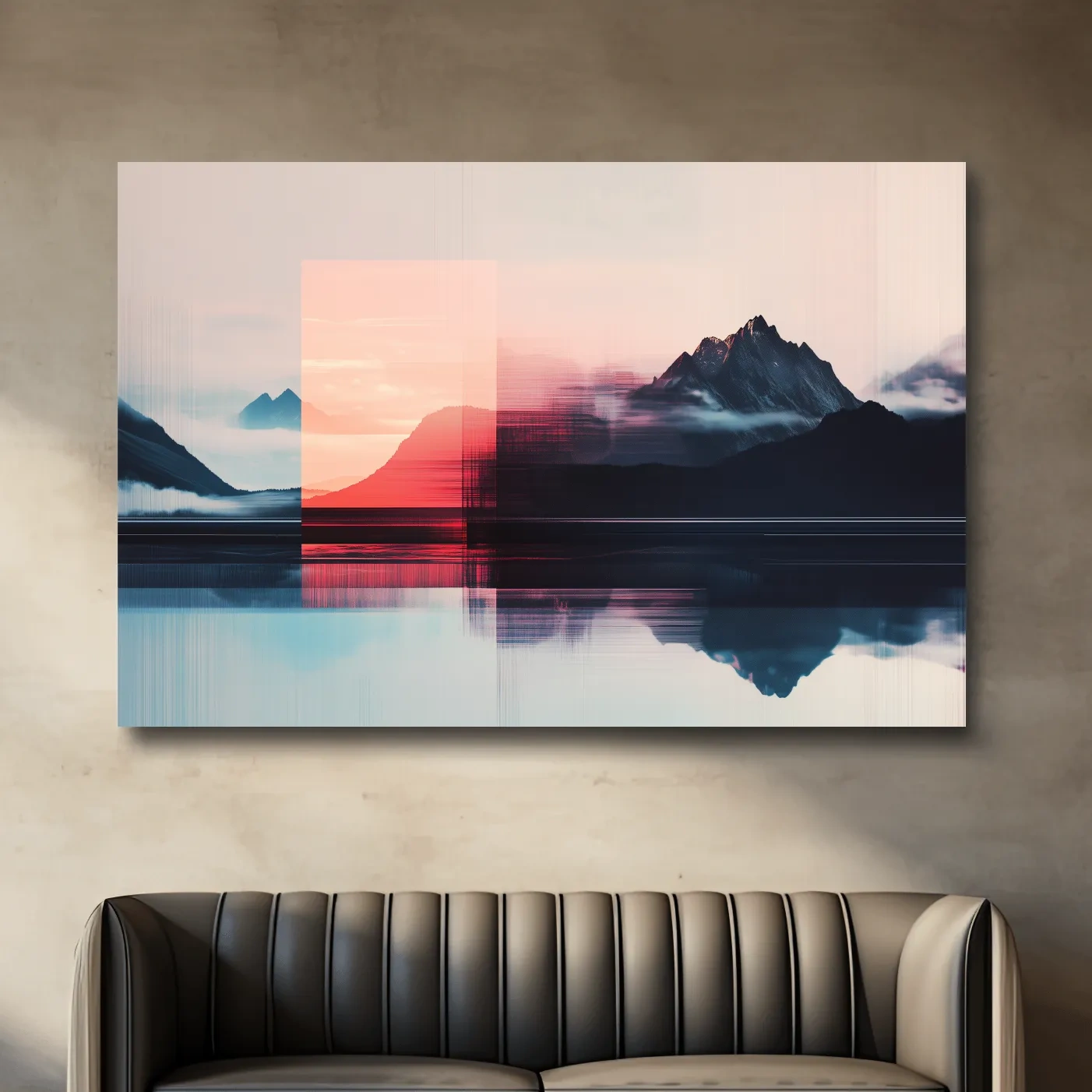 Mountains in the clouds at sunset, glitched wall art effect