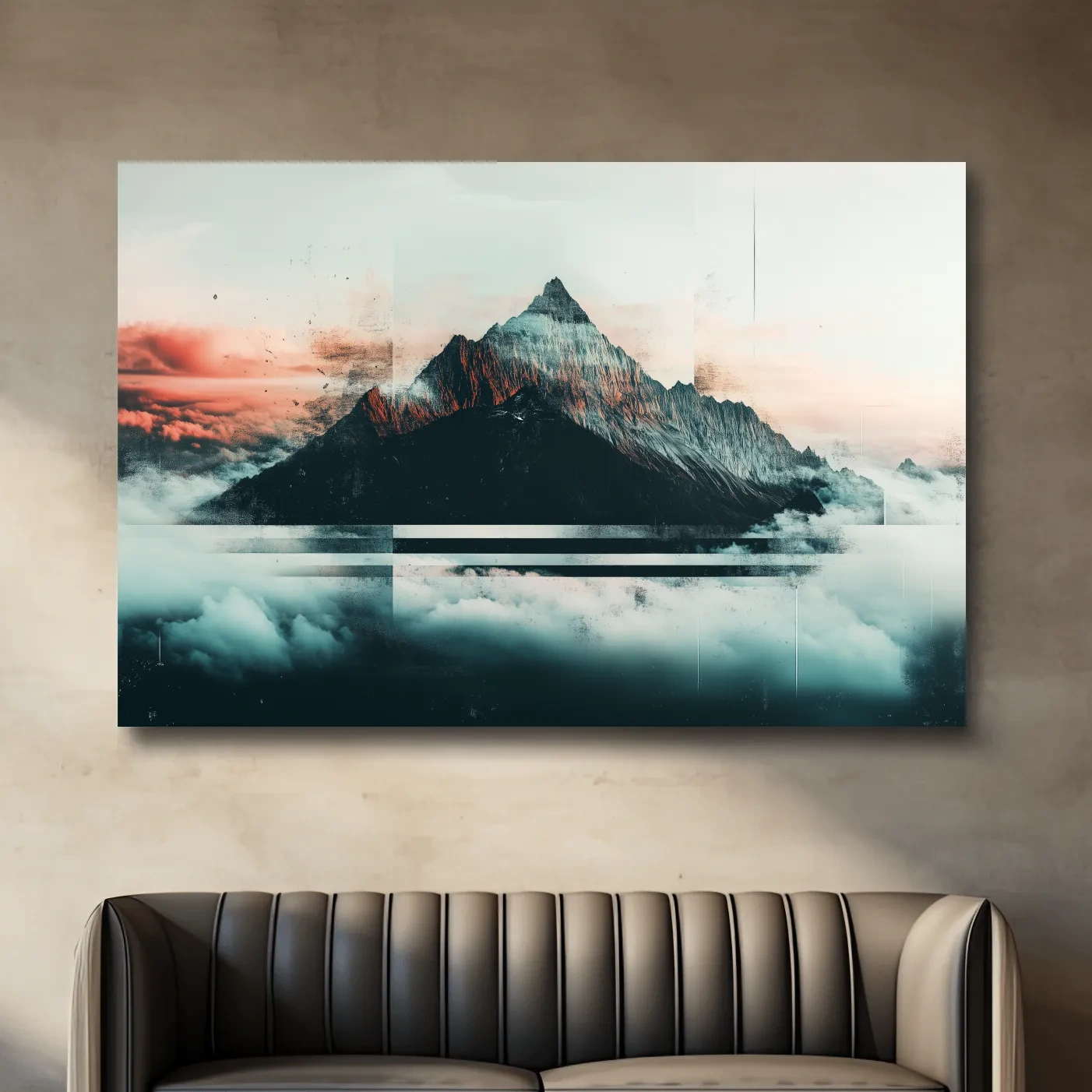 Mountain peak in the clouds at sunset, glitch style artwork