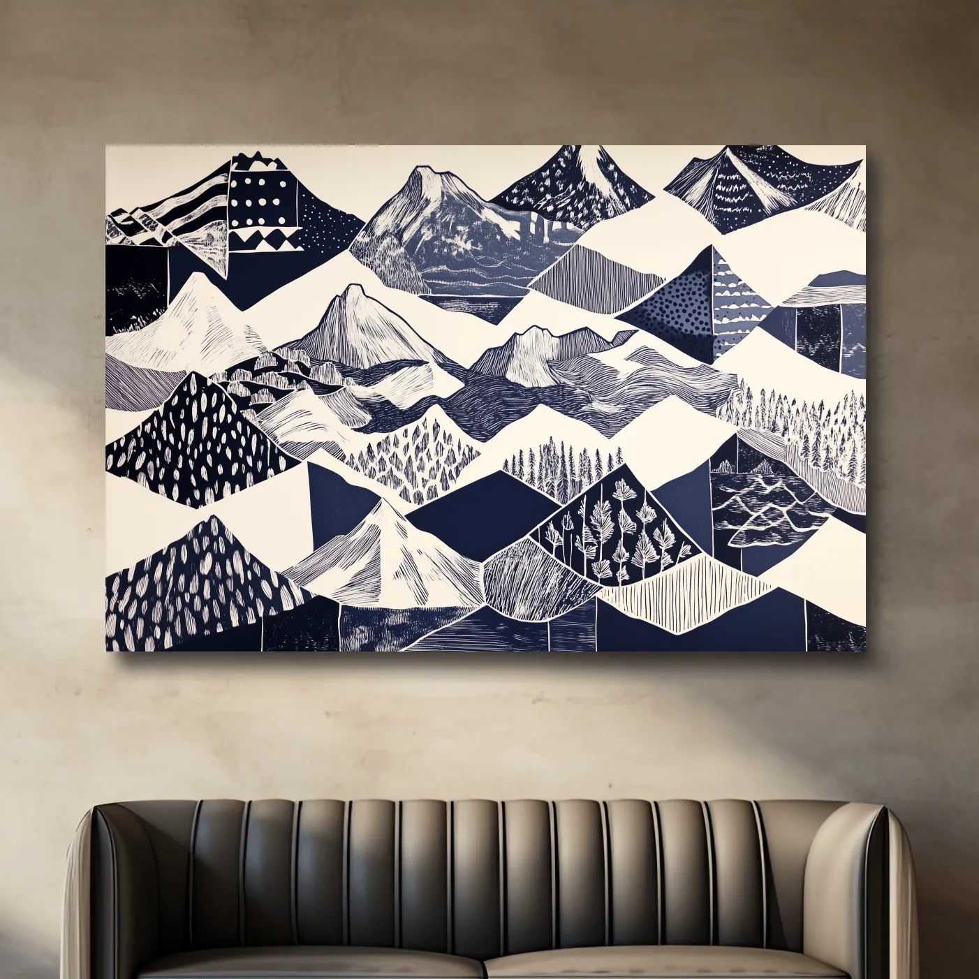 Linocut patchwork style mountain wall artwork print, black and white