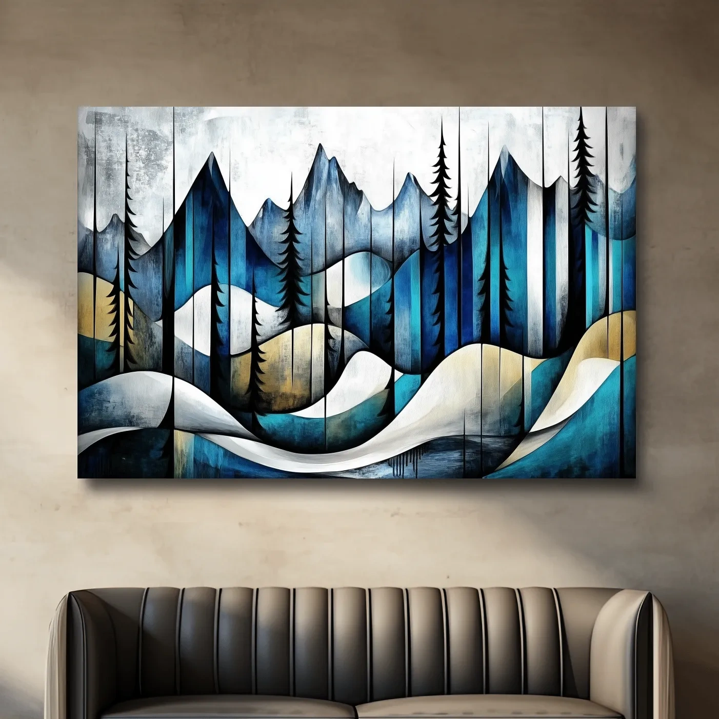 Abstract mountain painting, trees in the alpine, textured effect