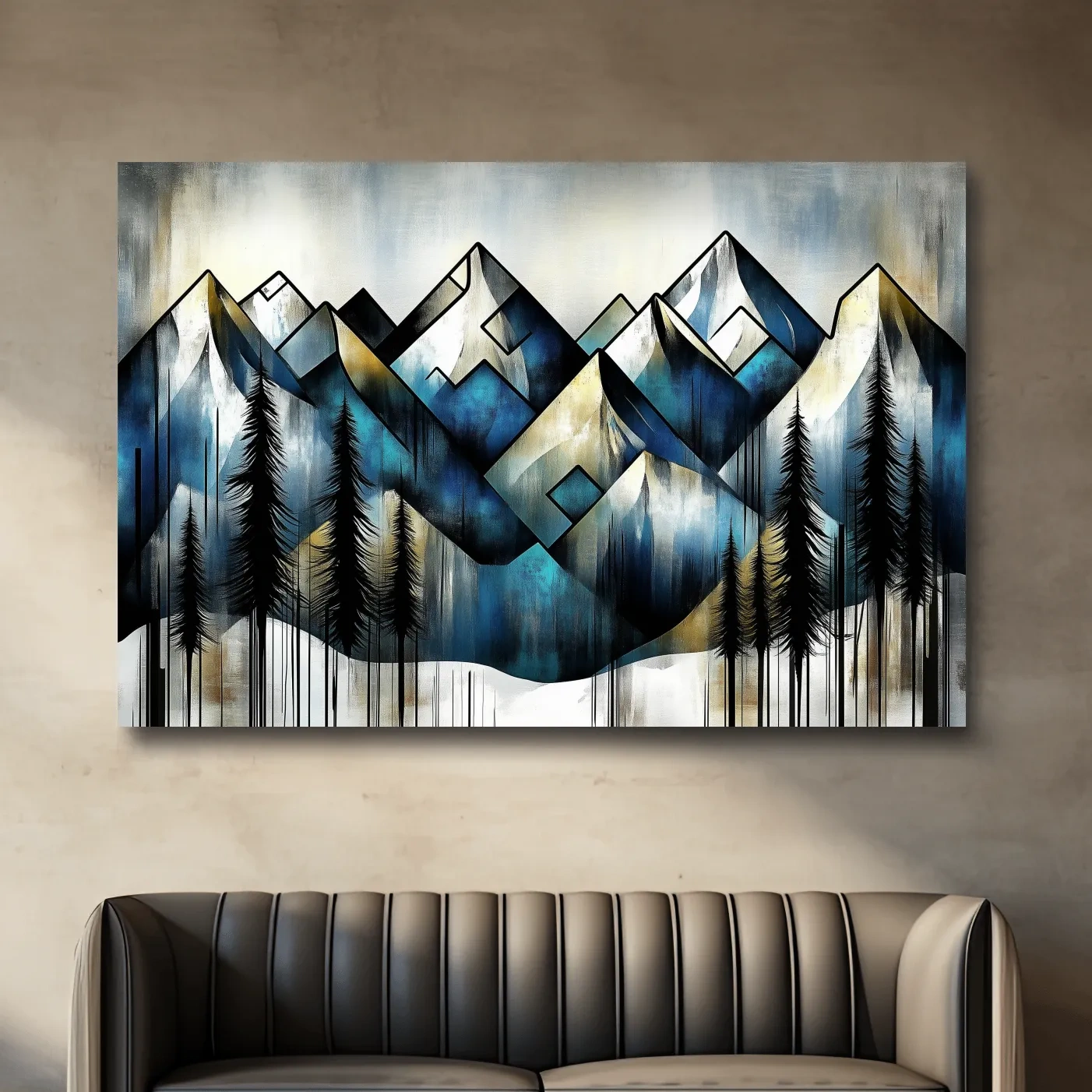 Abstract geometric mountain painting, textured wall art effect