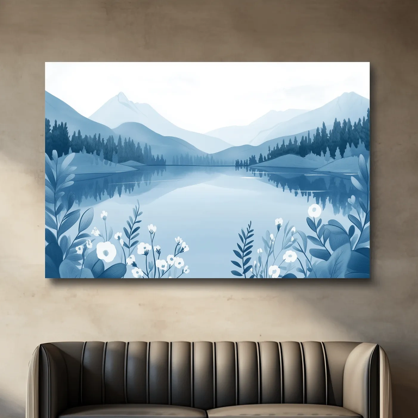 Serene Mountain Lake Illustration - Minimalist Alpine Landscape Wall Art