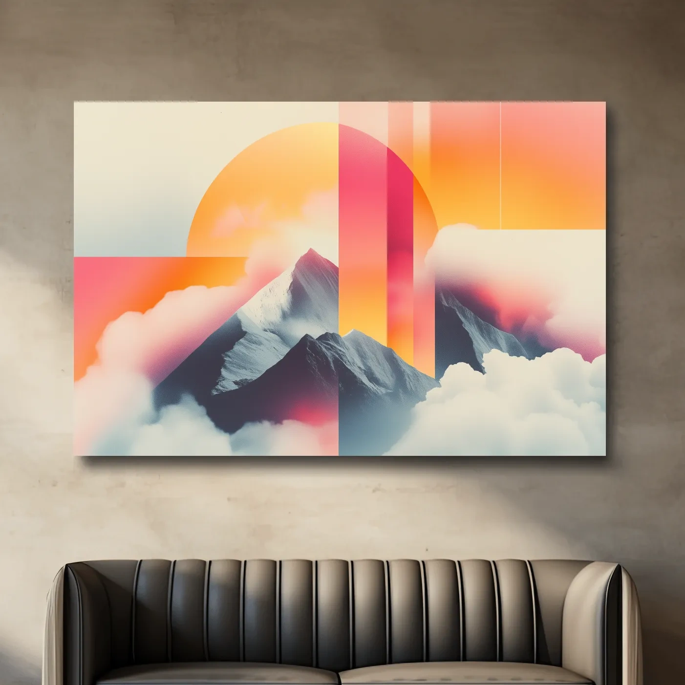 Retro style mountain wall art, sunset in the clouds