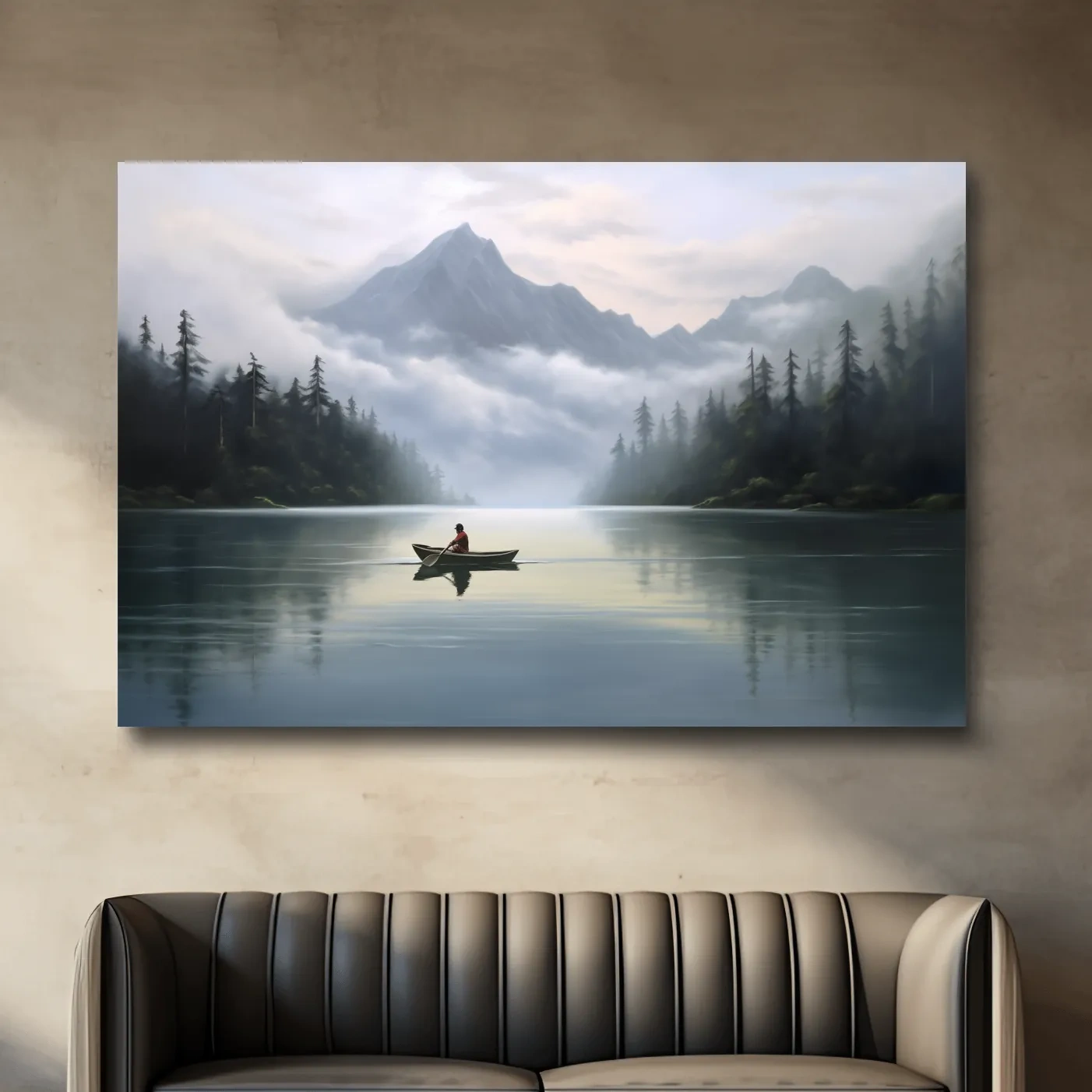 Painting of a person in a canoe on an alpine lake