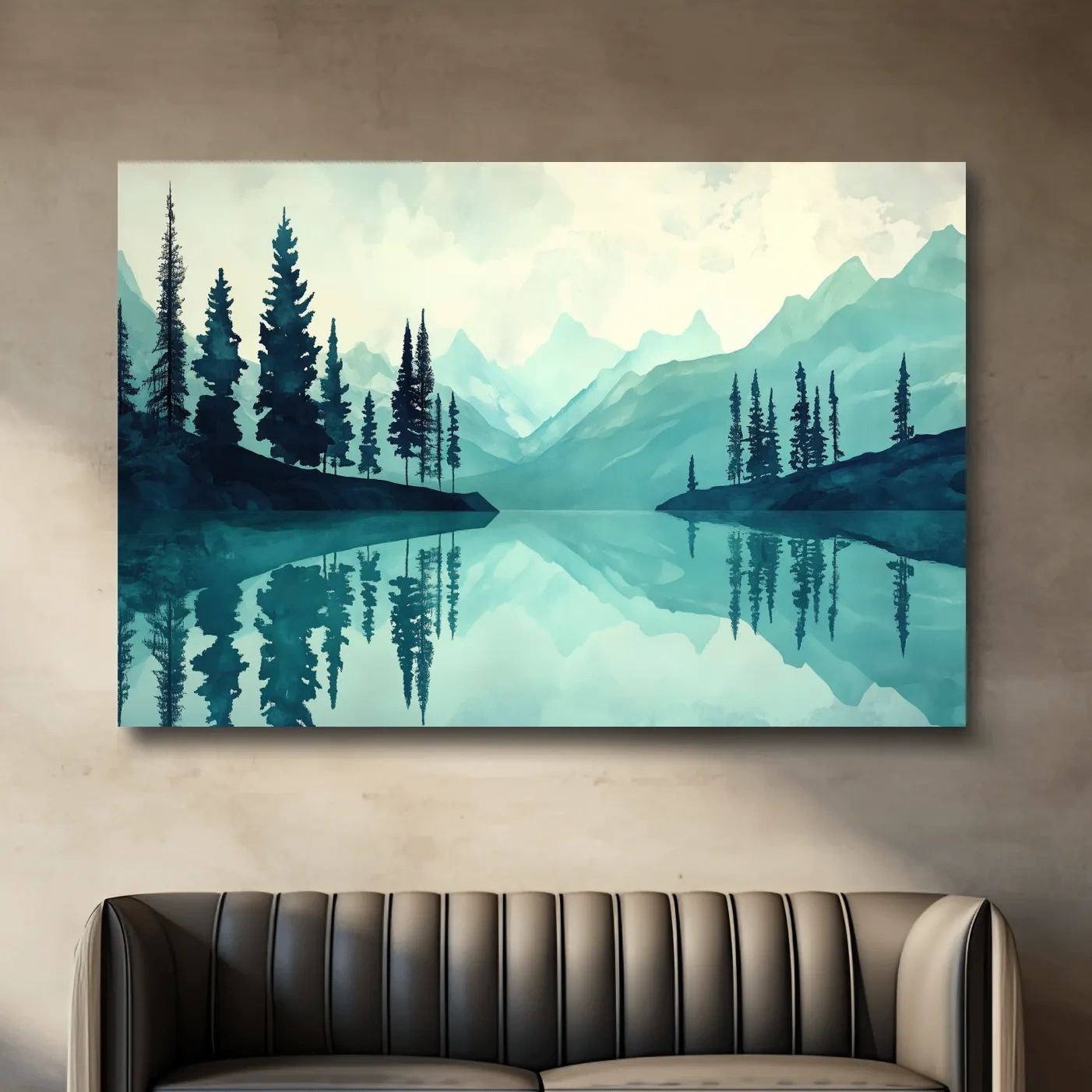 Watercolor painting wall art, view over a treelined alpine lake