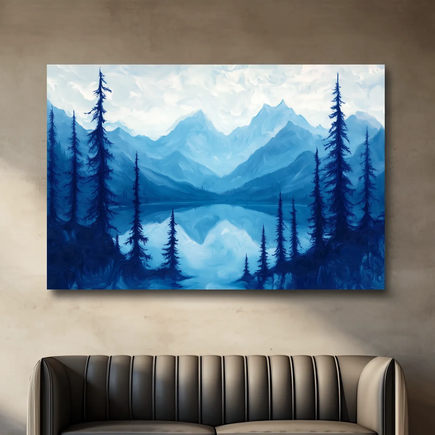 Oil painting artwork, view over an alpine lake in the mountains