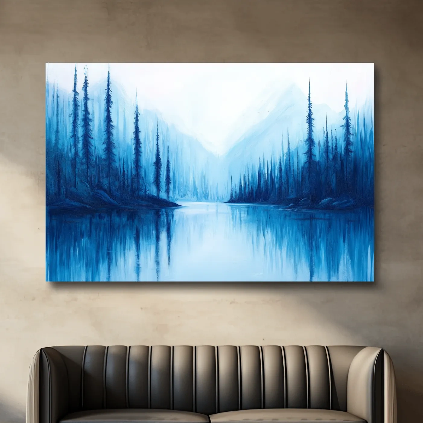 Impressionist style painting of a treelined alpine lake