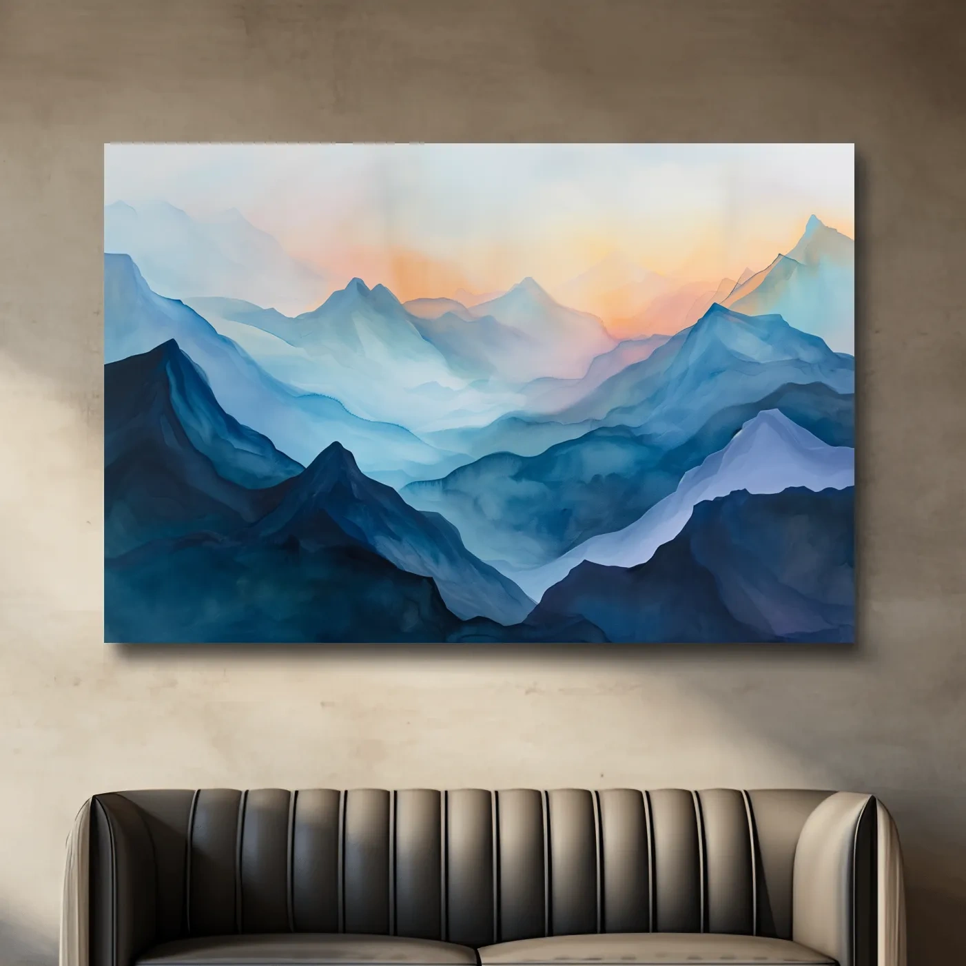 Abstract mountain painting, colourful mountain ranges at sunrise