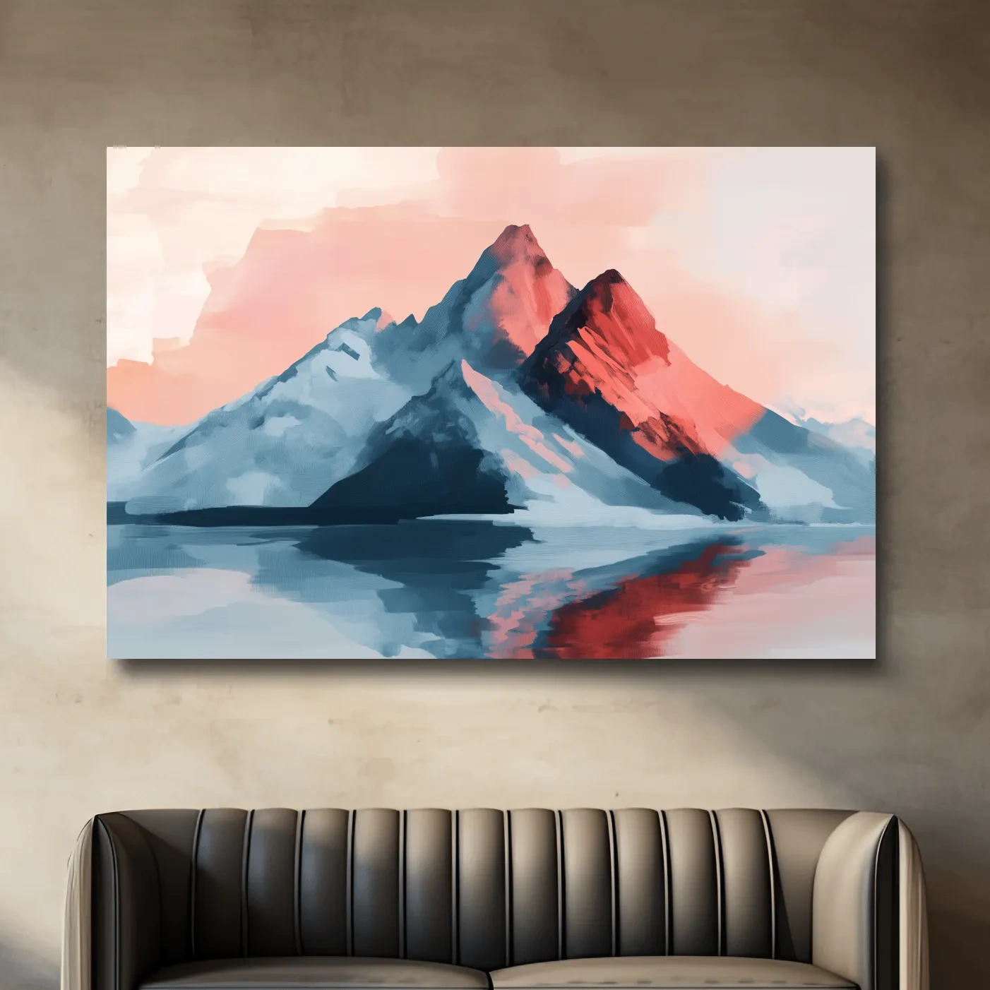 Pastel mountain painting at sunset, glacier reflecting on a lake