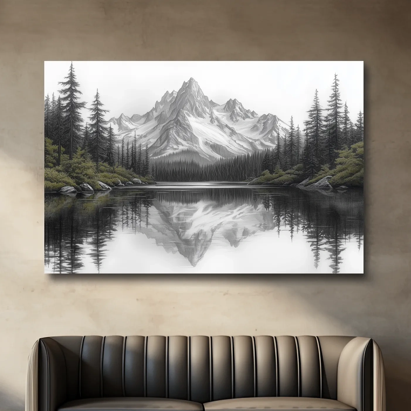 Alpine drawing artwork, lakeside forest under a glacier