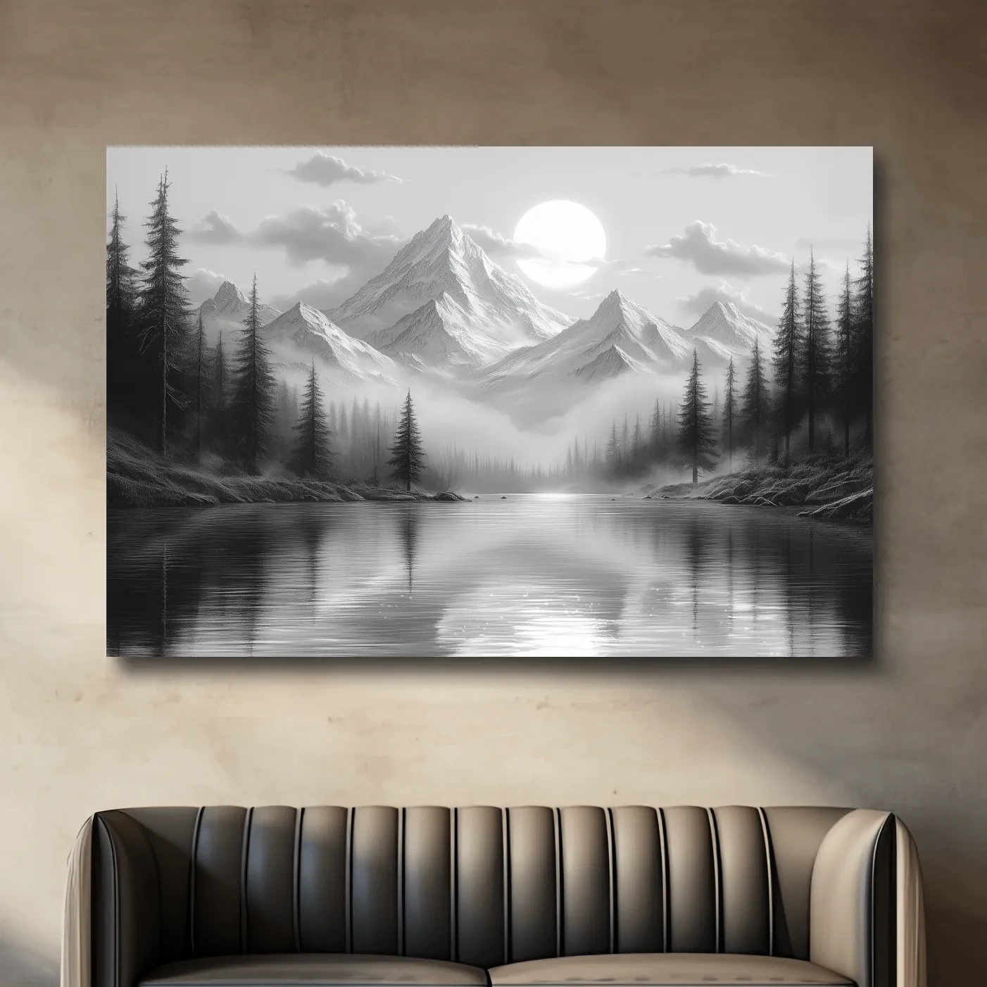 Misty forest and alpine lake beneath a glacier, black and white wall art