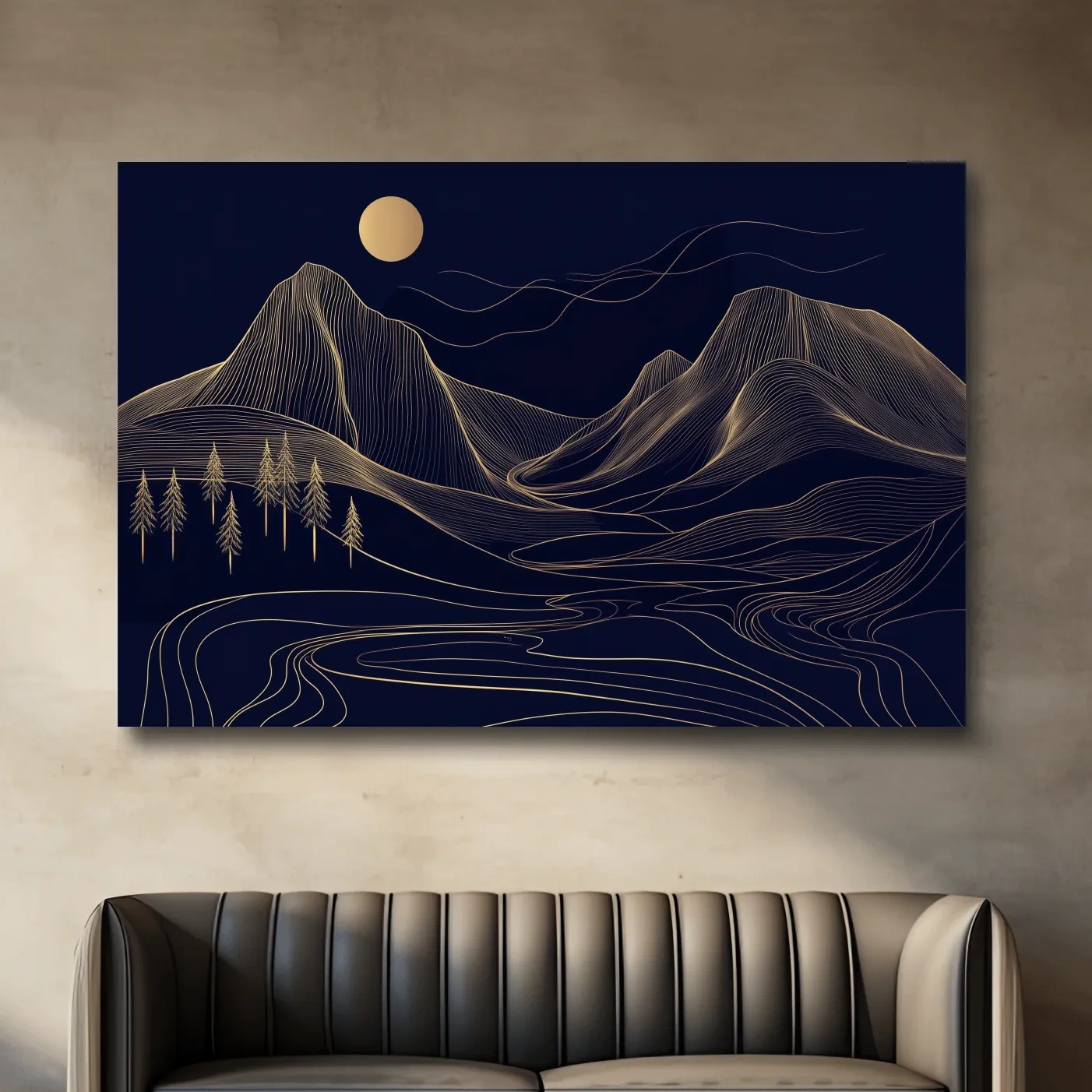 Elegant mountain wall art, gold contour line artwork style