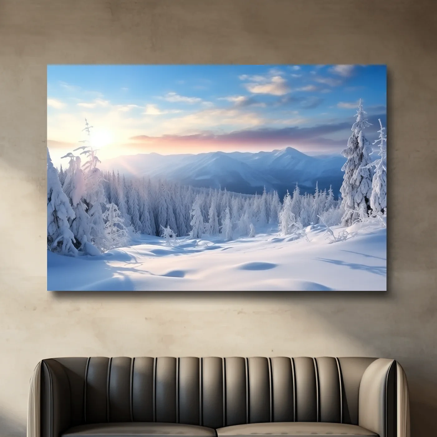 Snow covered alpine forest at sunset, photographic art