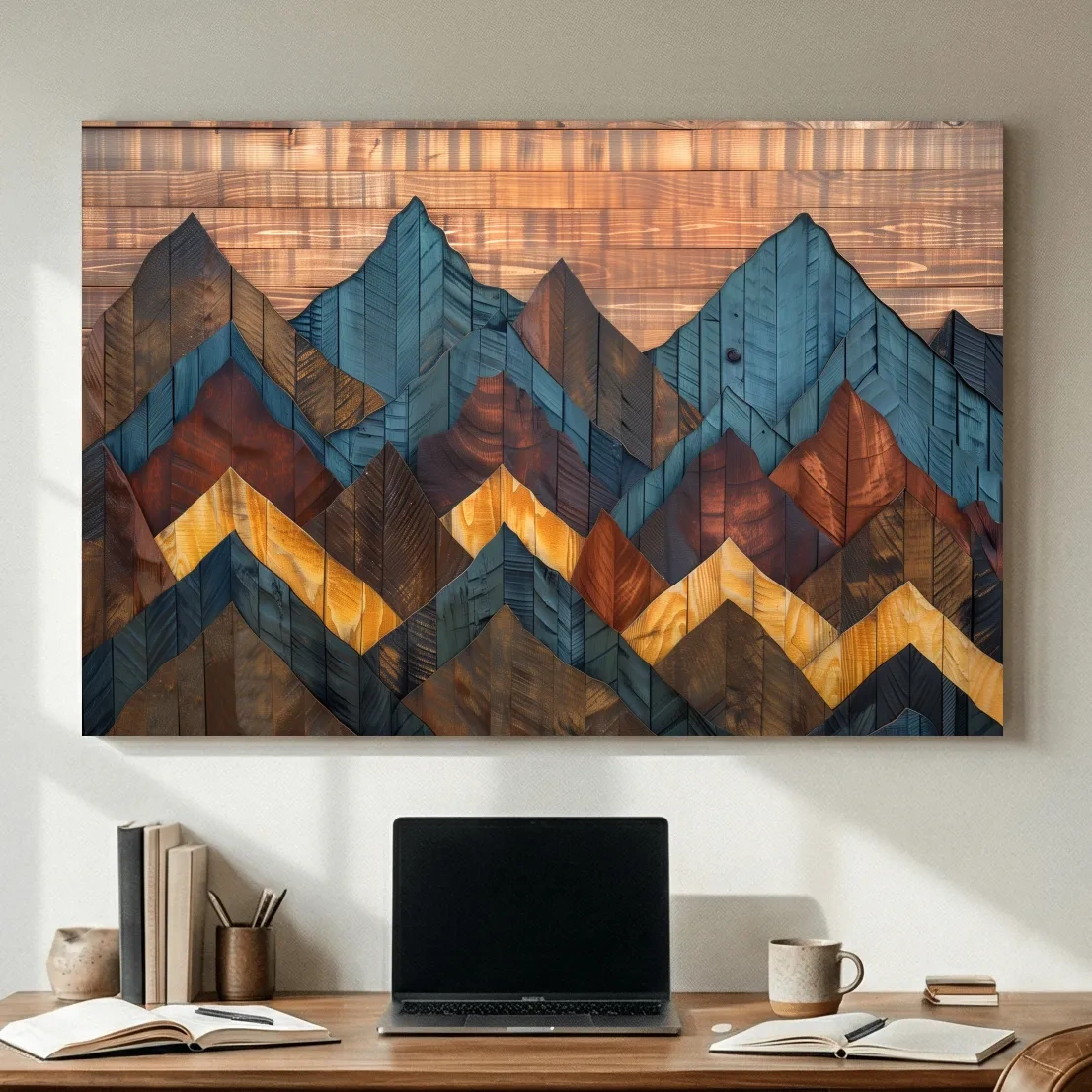 Geometric Wood Grain Mountain Range - Rustic Landscape Artwork