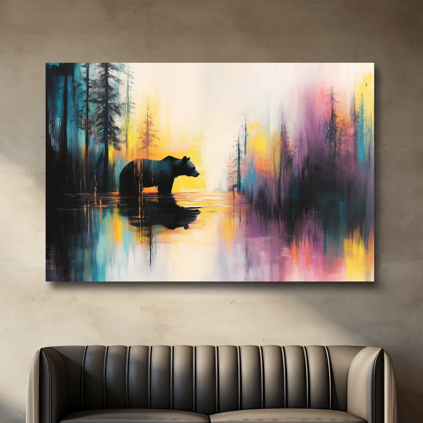 Grizzly bear in a river painting, colorful abstract wall art